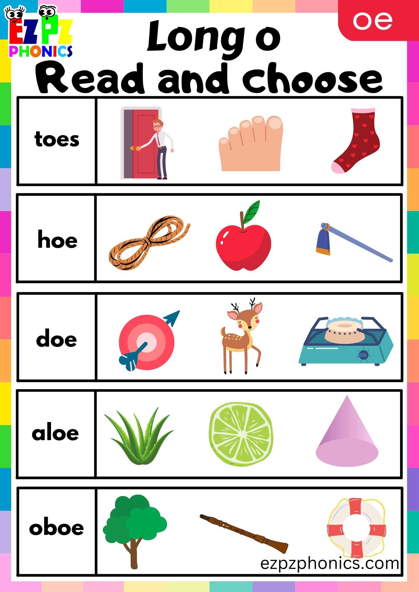 OE Words Read And Choose Long O Phonics Worksheet - ezpzphonics.com