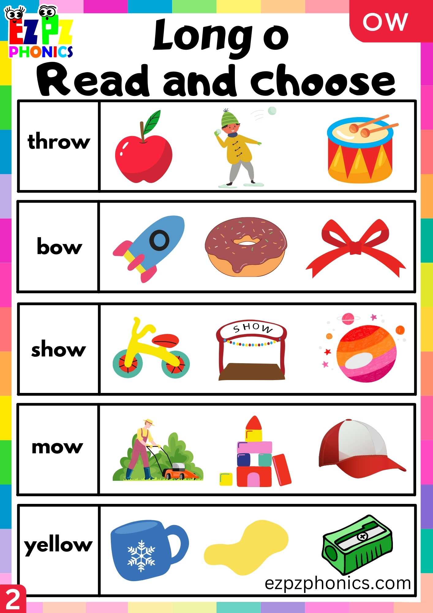 Group2 OW Words Read And Choose Long O Phonics Worksheet - ezpzphonics.com