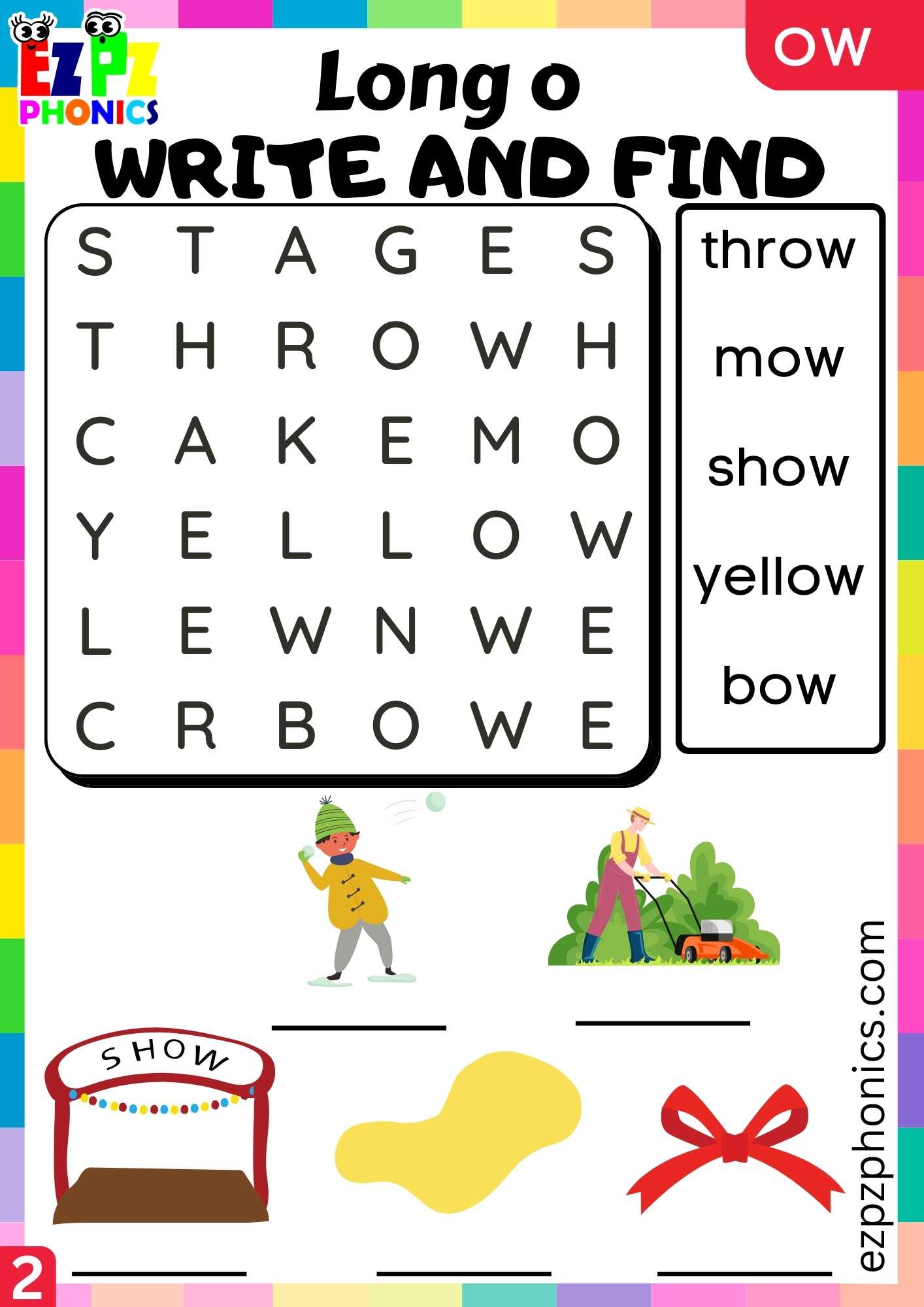 Group2 OW Words Write And Find Long O Phonics Worksheet - ezpzphonics.com