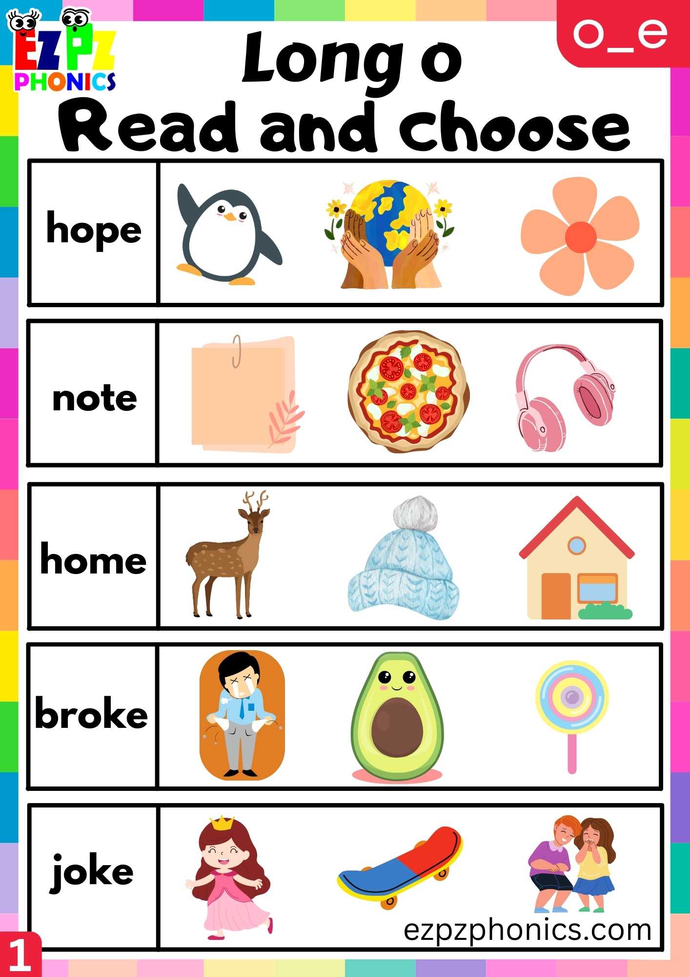 Group1 O_E Words Read And Choose Long O Phonics Worksheet - ezpzphonics.com