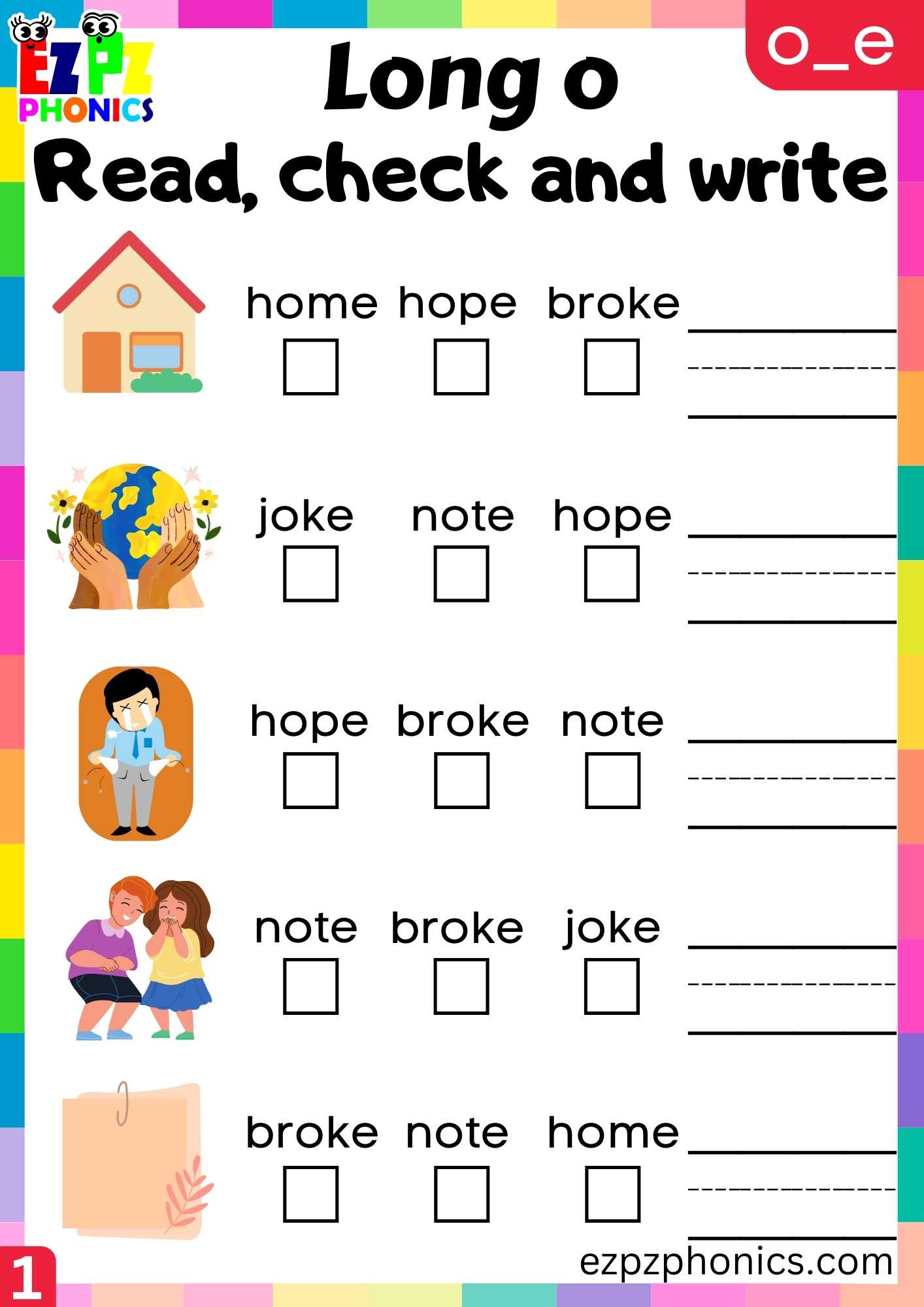 Group1 O_E Words Read, Check And Write Long O Phonics Worksheet ...