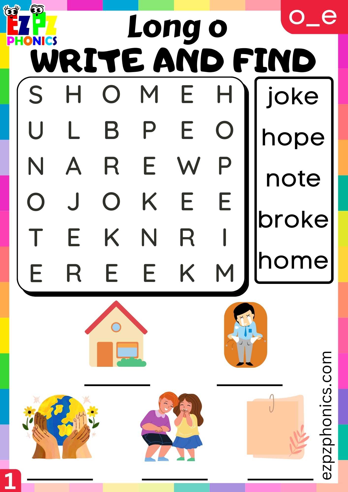 Group1 O_E Words Write And Find Long O Phonics Worksheet - ezpzphonics.com