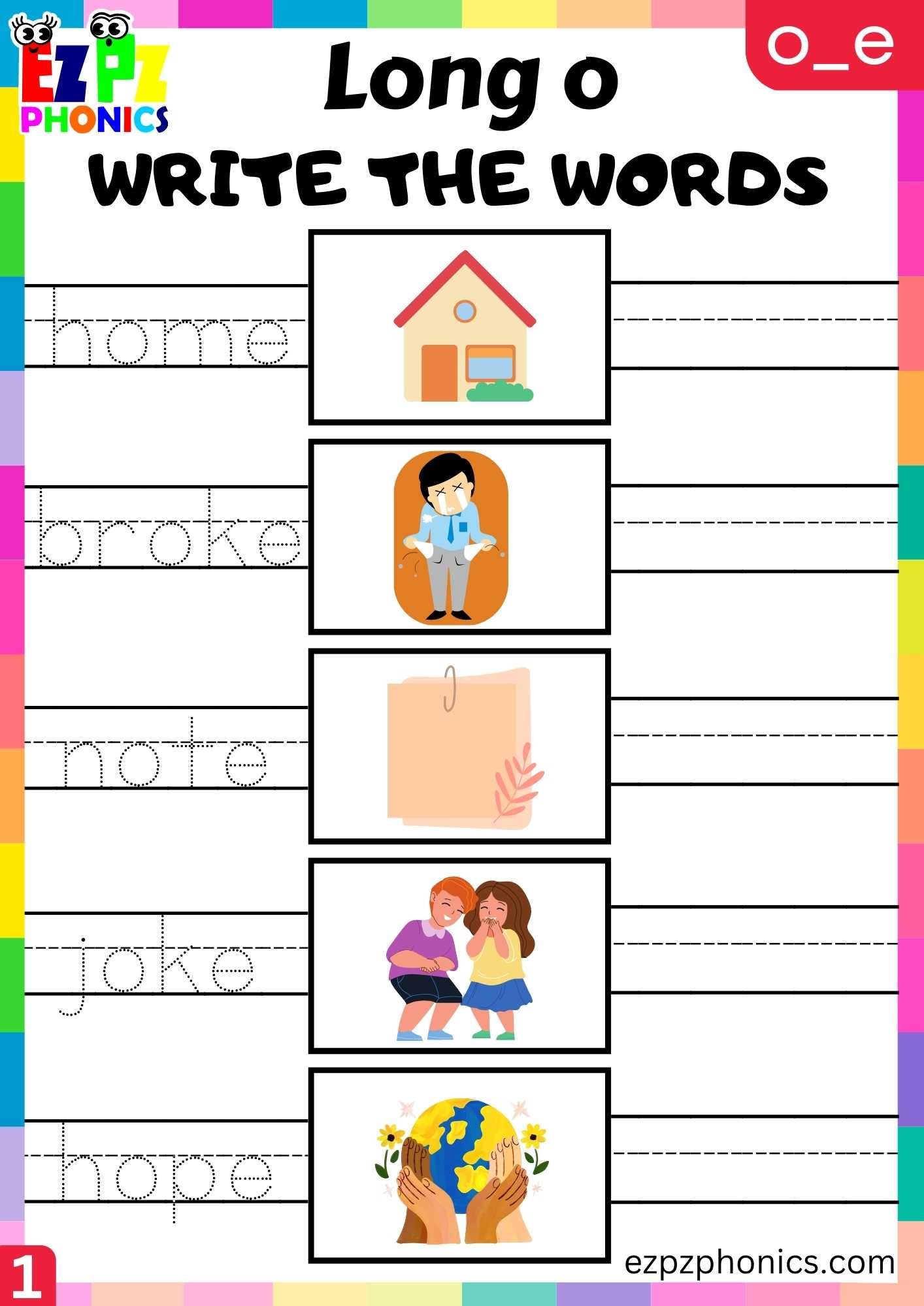 Group1 O_E Words Write The Words Long O Phonics Worksheet - ezpzphonics.com