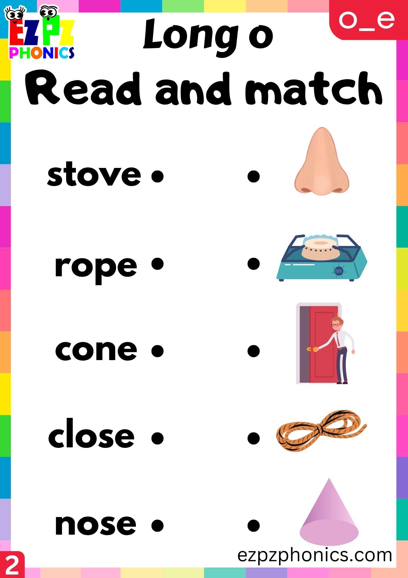 Group2 O_E Words Read And Match Long O Phonics Worksheet - ezpzphonics.com