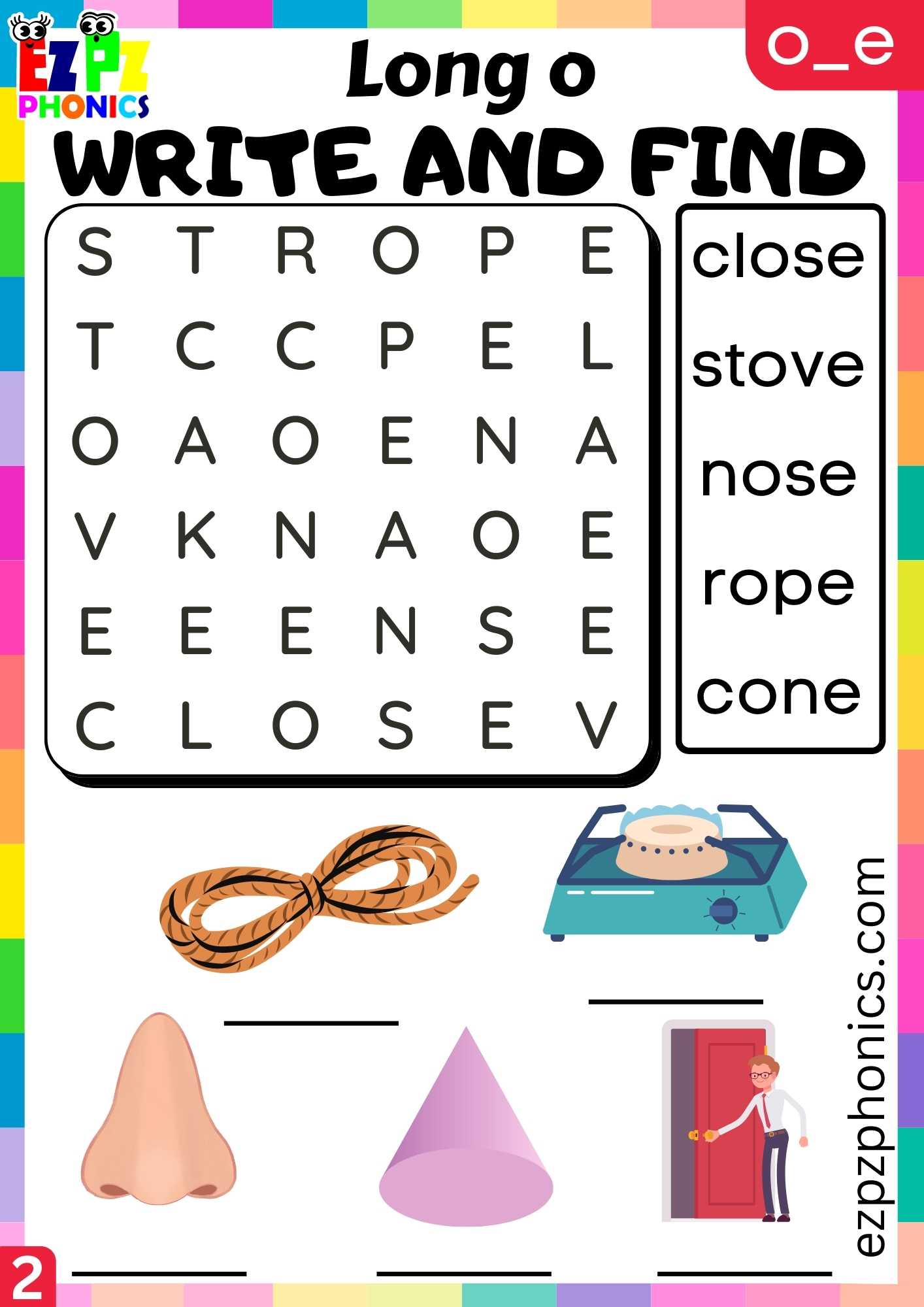 Group2 O_E Words Write And Find Long O Phonics Worksheet - ezpzphonics.com