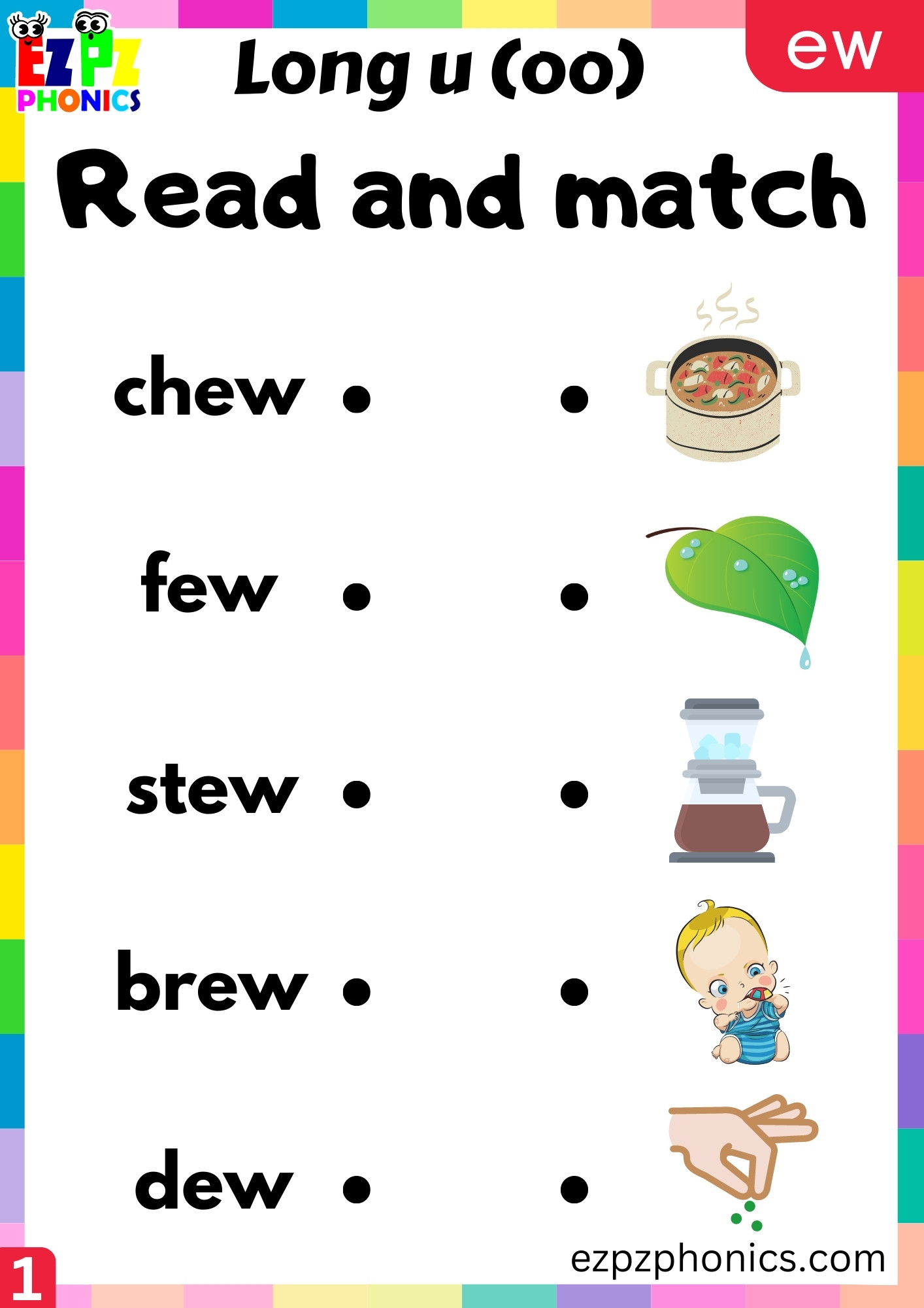 ew Words Long u (oo) Read and Match the Image Worksheet PDF Download ...