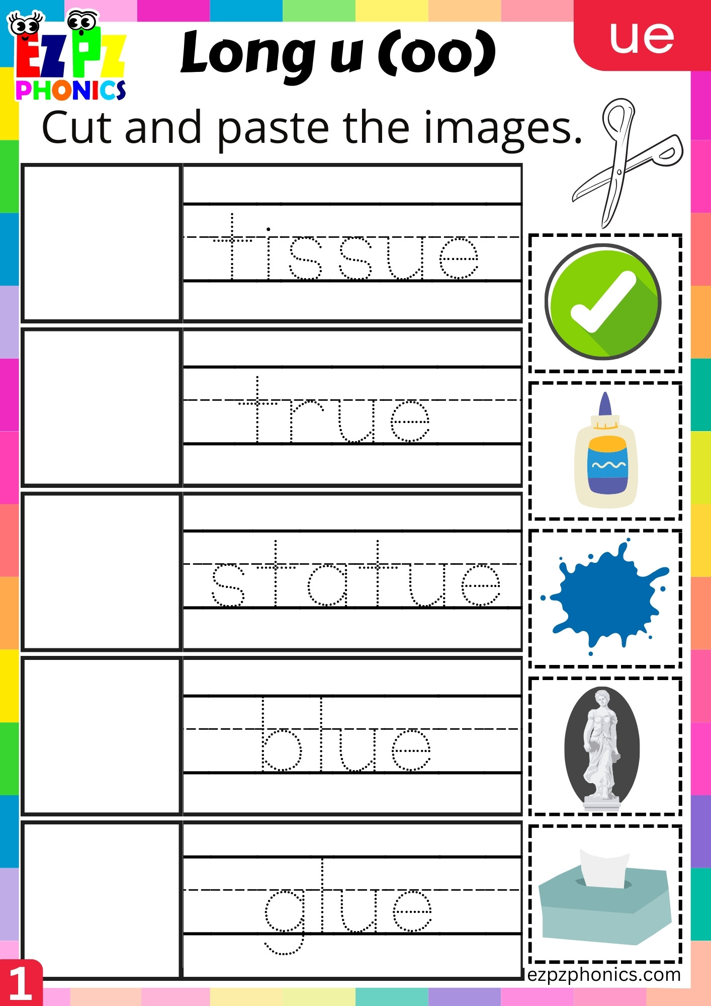 Cut and Paste the Images Worksheet for ue Words Long u (oo) Sound ...