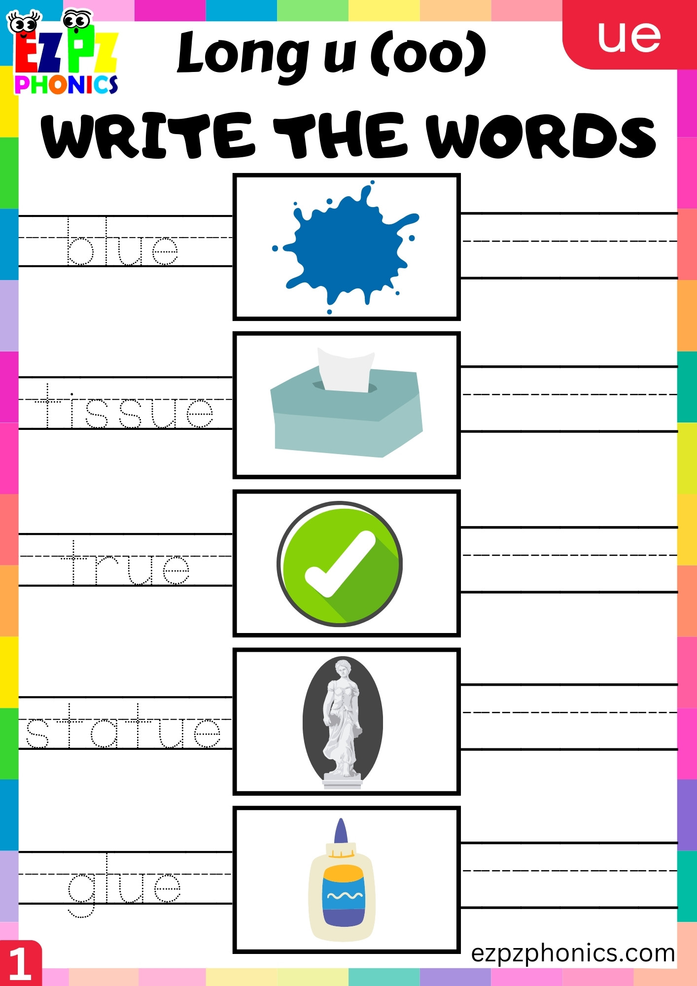 Write The Words For Ue Words Long U (oo) Sound - Ezpzphonics.com