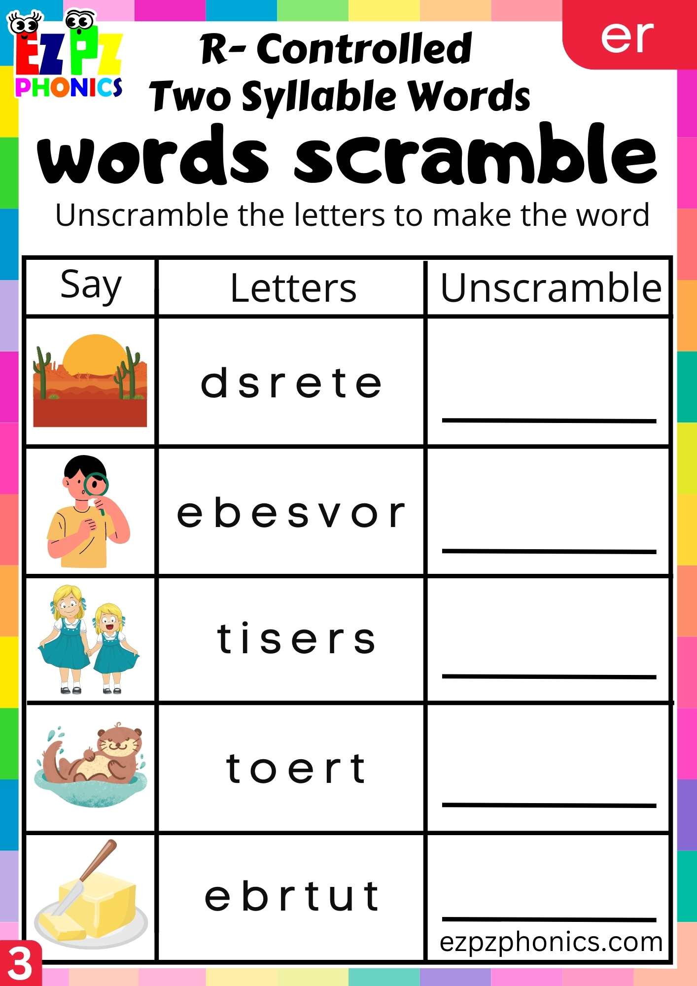 Word scramble activity for two syllable er words R controlled vowels ...