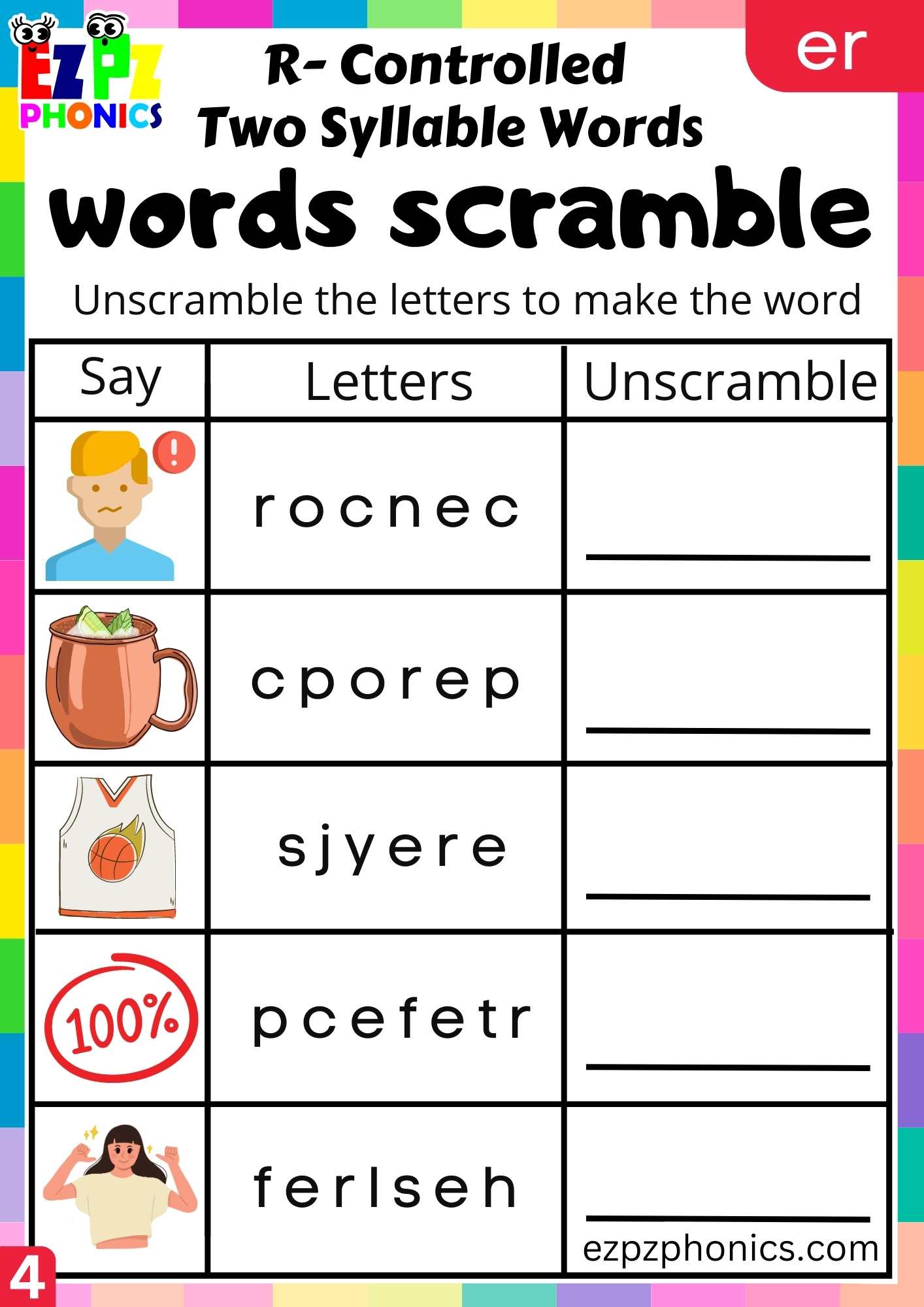 Word scramble activity for two syllable er words R controlled vowels ...