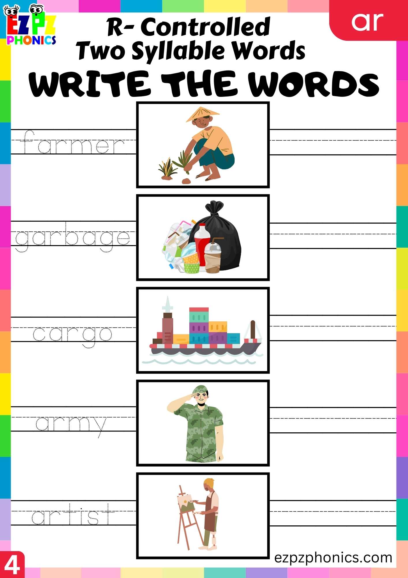 Write the words activity for ar two syllable words R controlled vowels ...