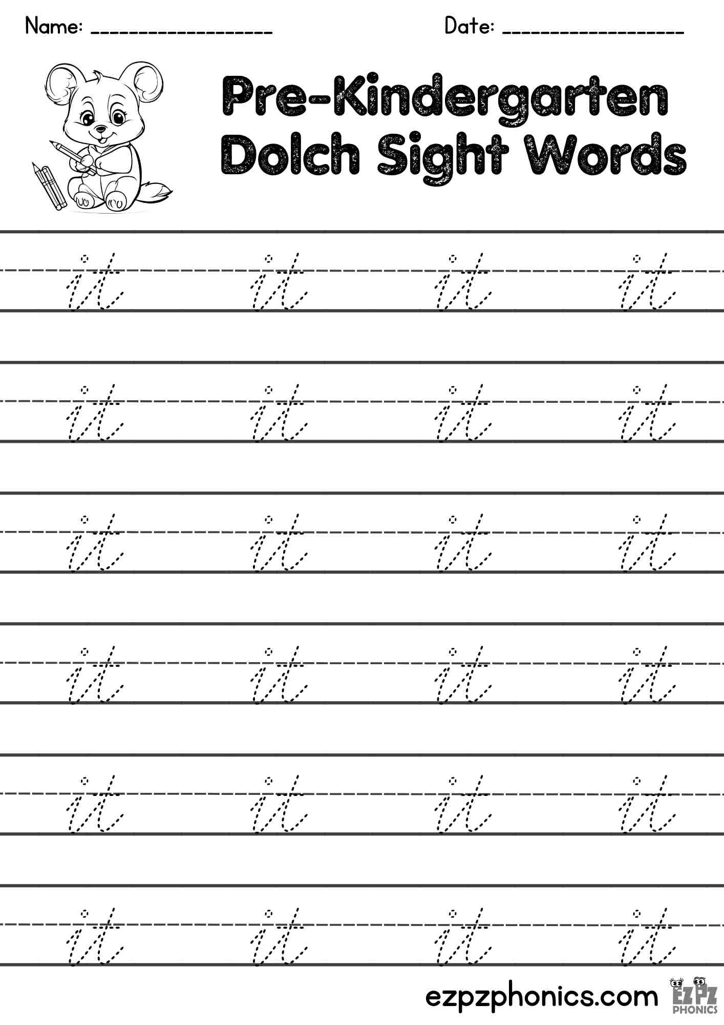 The Word It Cursive Writing Practice – Pre-K Dolch Sight Words Free PDF ...