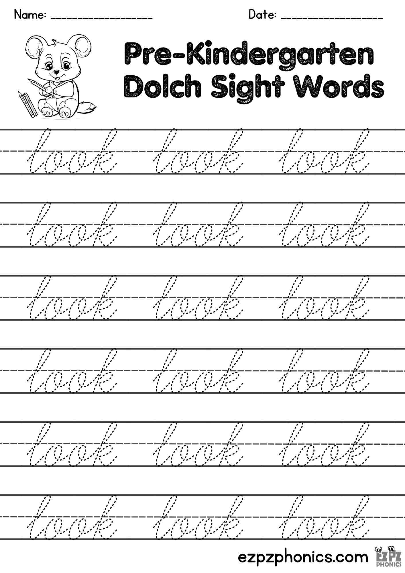The Word Look Cursive Writing Practice – Pre-K Dolch Sight Words Free ...