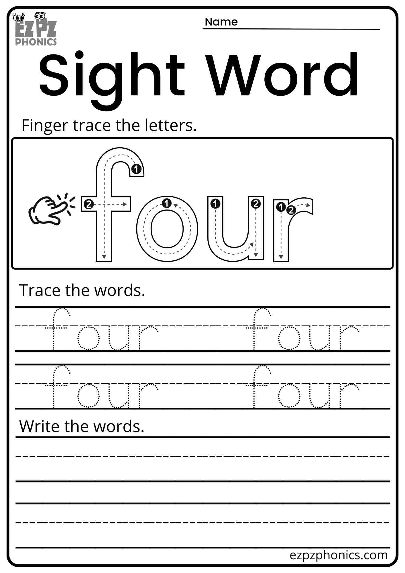 "Four" Dolch Kindergarten Sight Word Trace and Write Worksheet PDF