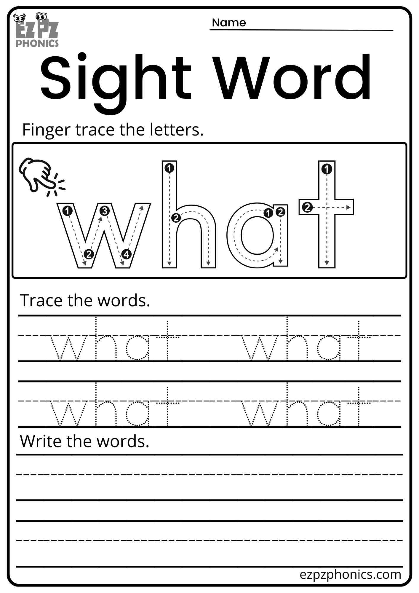 "What" Dolch Kindergarten Sight Word Worksheet Trace and Write the