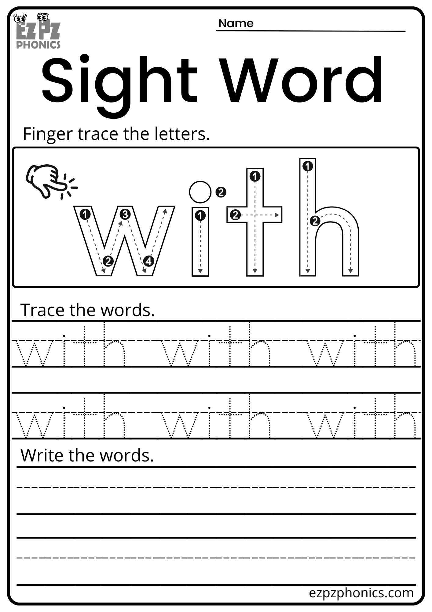 "With" Dolch Kindergarten Sight Word Worksheet Trace and Write the