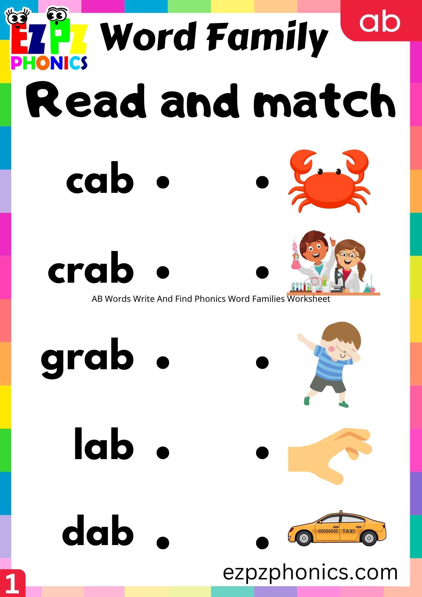 AB Words Read And Match Phonics Word Families Worksheet - ezpzphonics.com