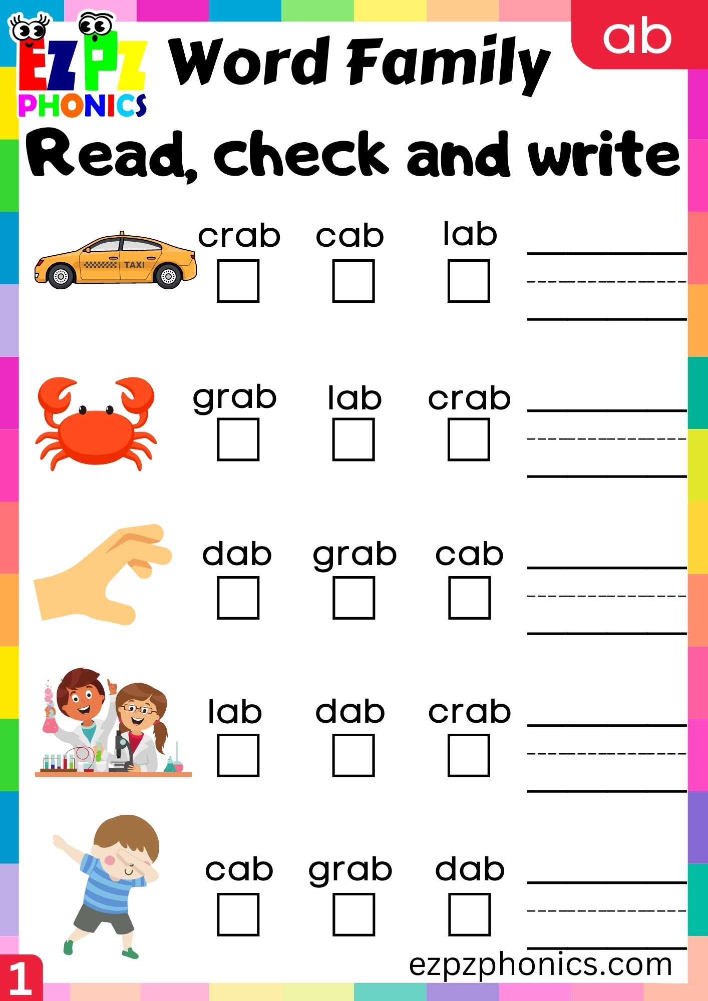 AB Words Read, Check And Write Phonics Word Families Worksheet ...