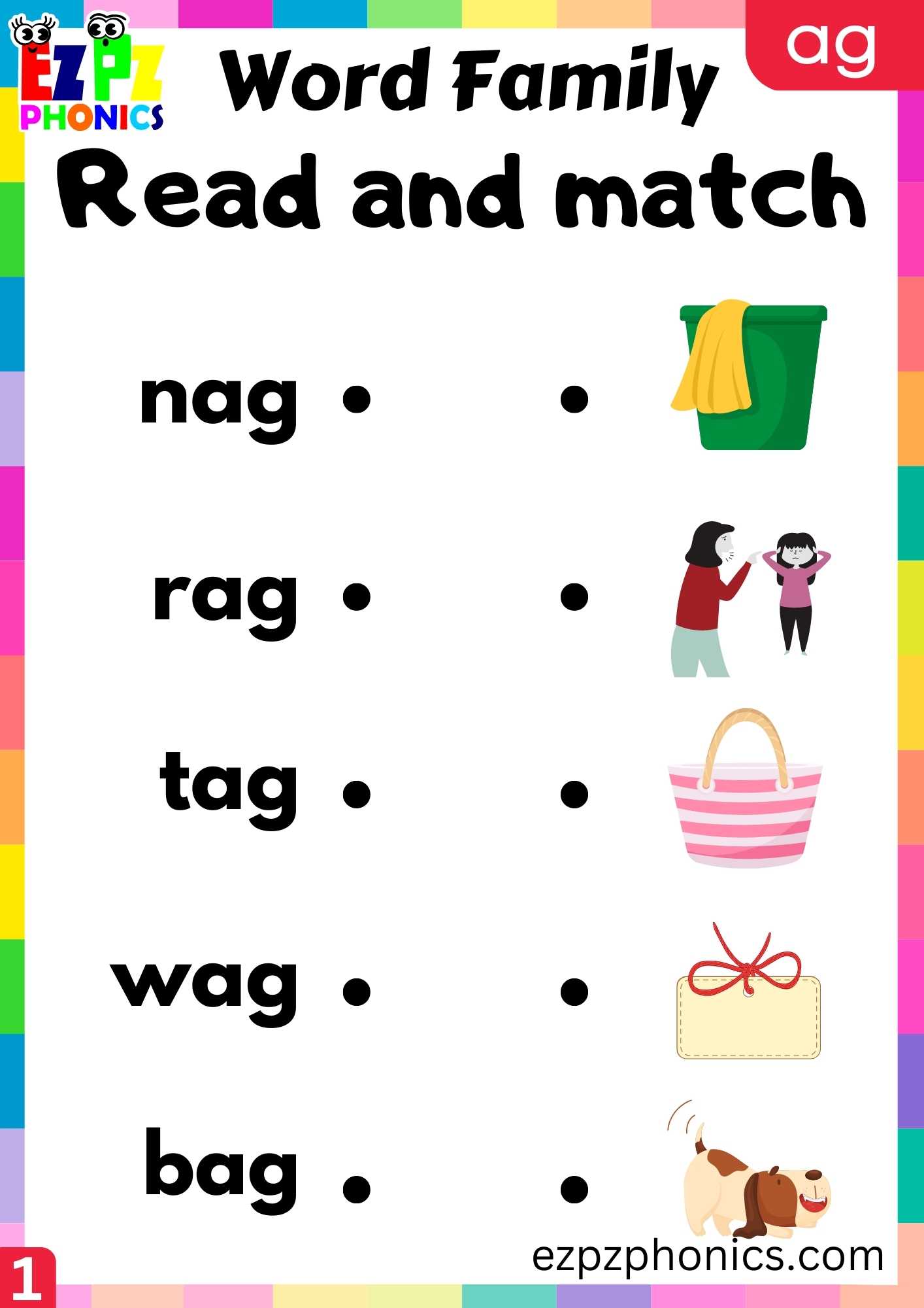 AG Words Read And Match Phonics Word Families Worksheet - ezpzphonics.com