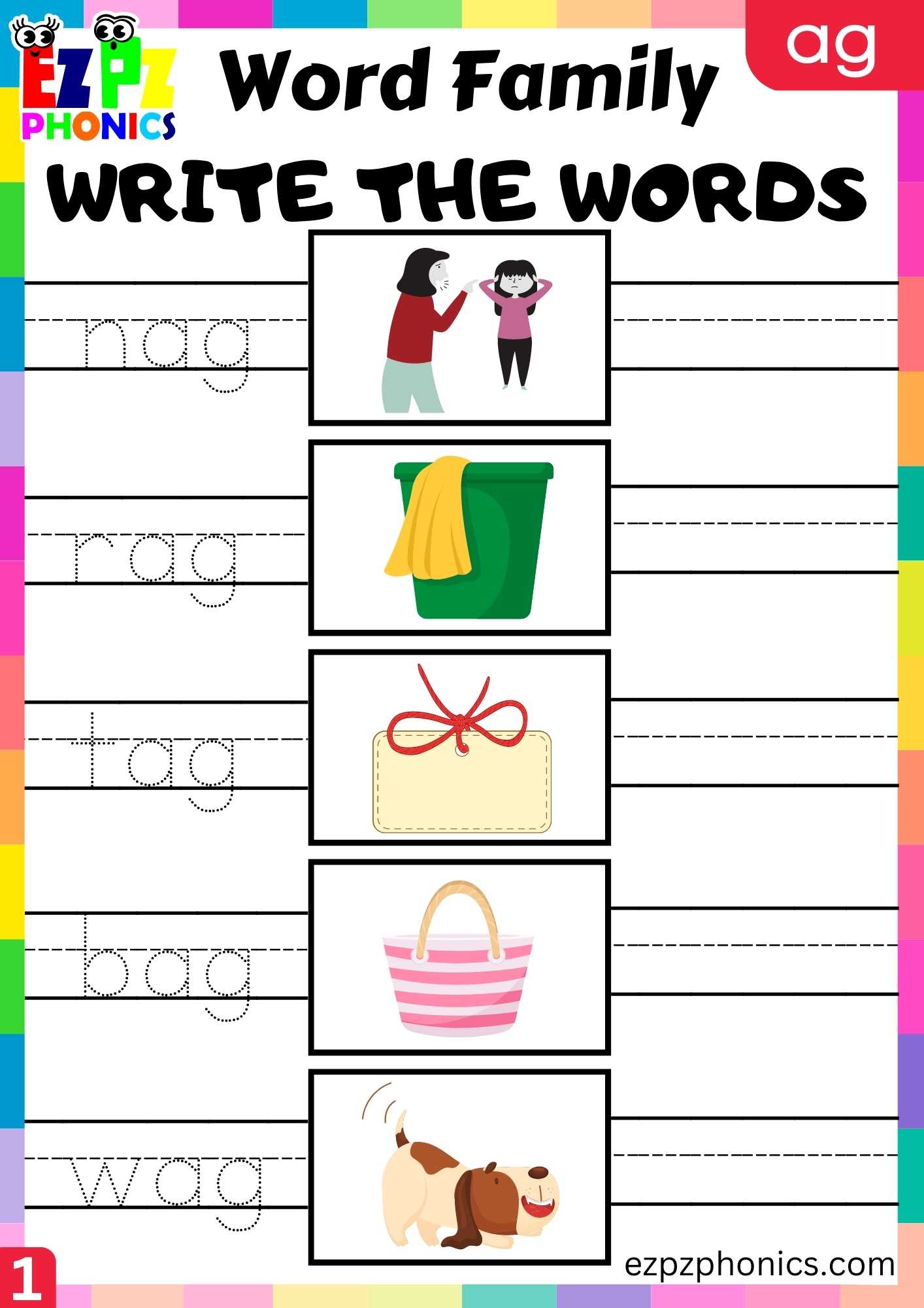 AG Words Write The Words Phonics Word Families Worksheet - ezpzphonics.com