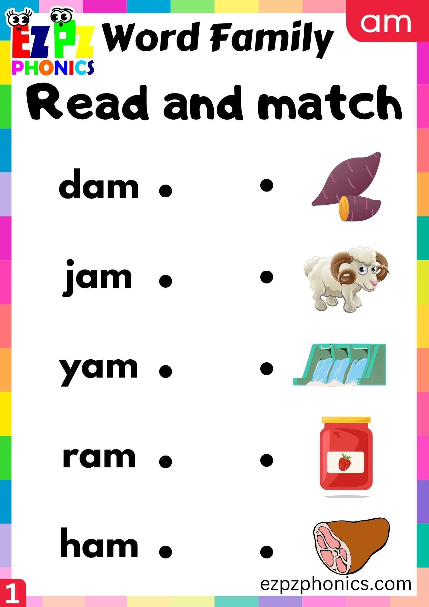 AM Words Read And Match Phonics Word Families Worksheet - ezpzphonics.com