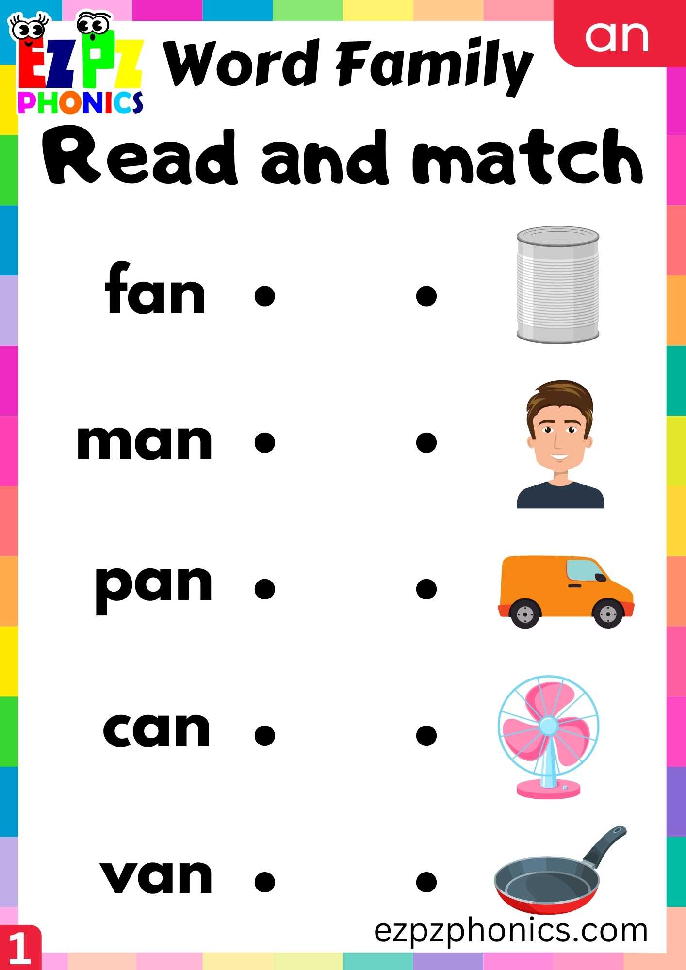 AN Words Read And Match Phonics Word Families Worksheet - ezpzphonics.com