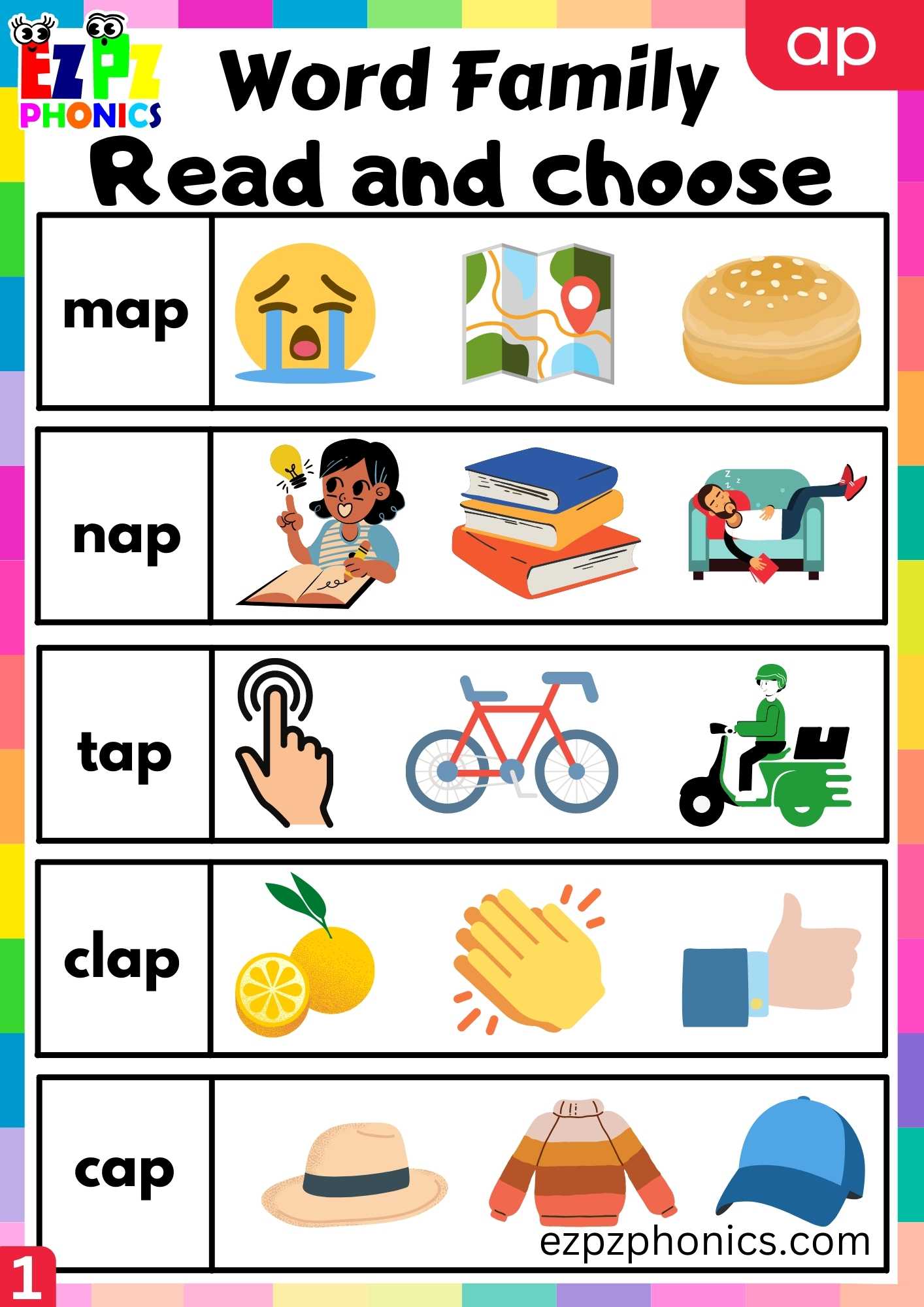 AP Words Read And Choose Phonics Word Families Worksheet - ezpzphonics.com