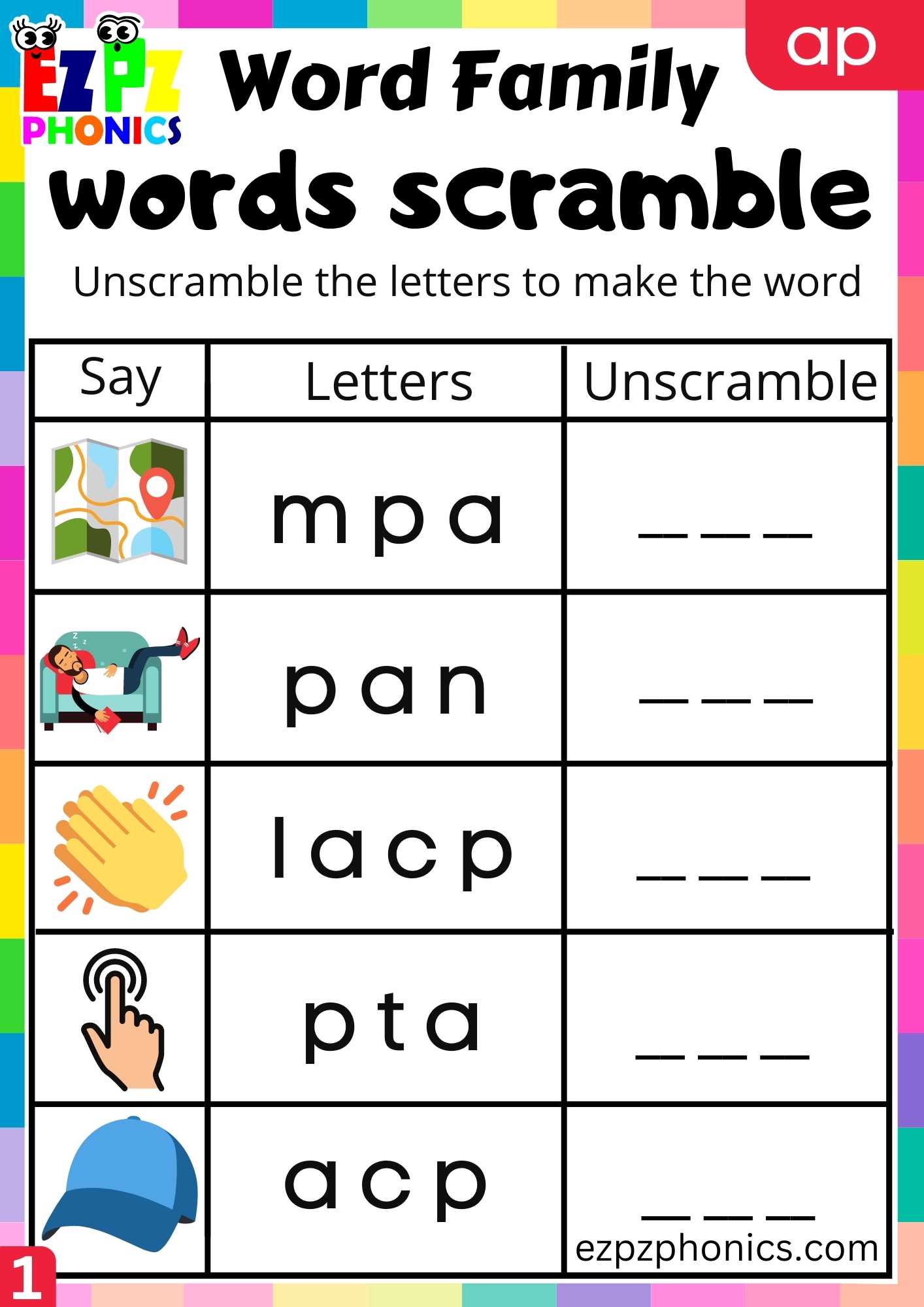 AP Words Words Scramble Phonics Word Families Worksheet - ezpzphonics.com