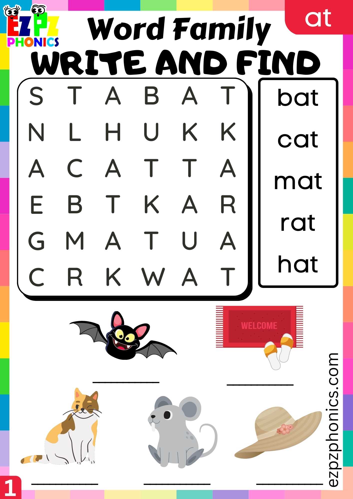 AT Words Write And Find Phonics Word Families Worksheet - ezpzphonics.com