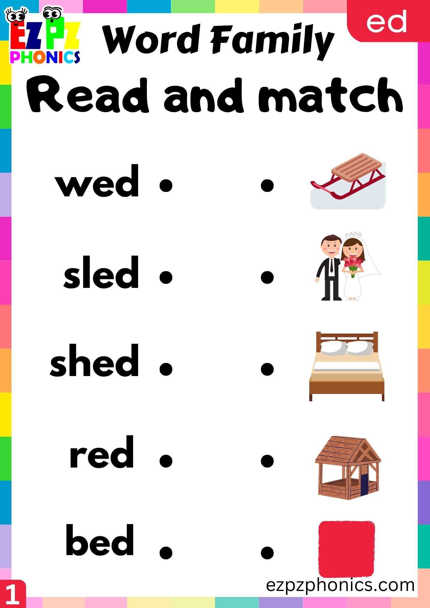 ED Words Read And Match Phonics Word Families Worksheet - ezpzphonics.com