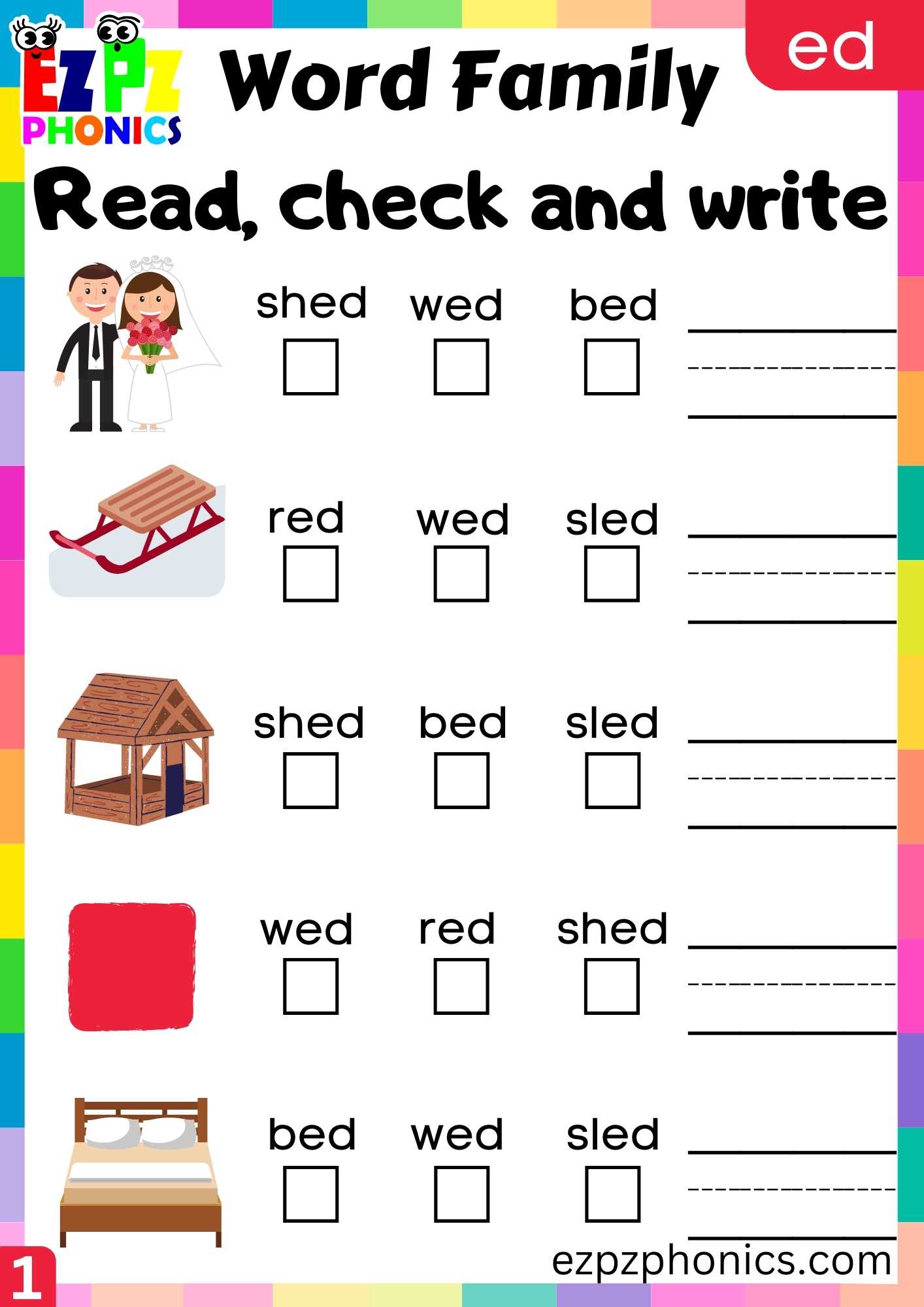 ED Words Read, Check And Write Phonics Word Families Worksheet ...