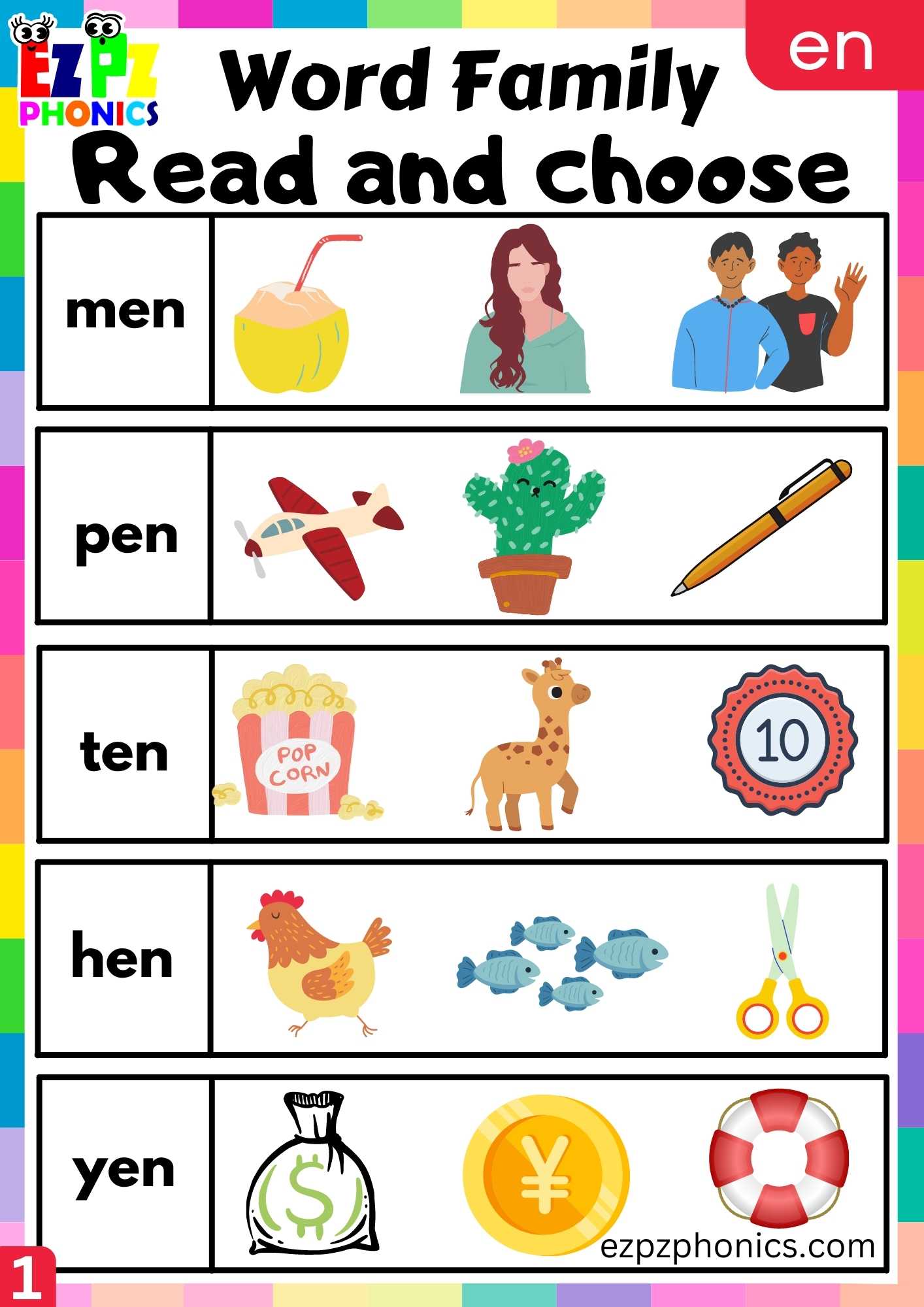 EN Words Read And Choose Phonics Word Families Worksheet - ezpzphonics.com