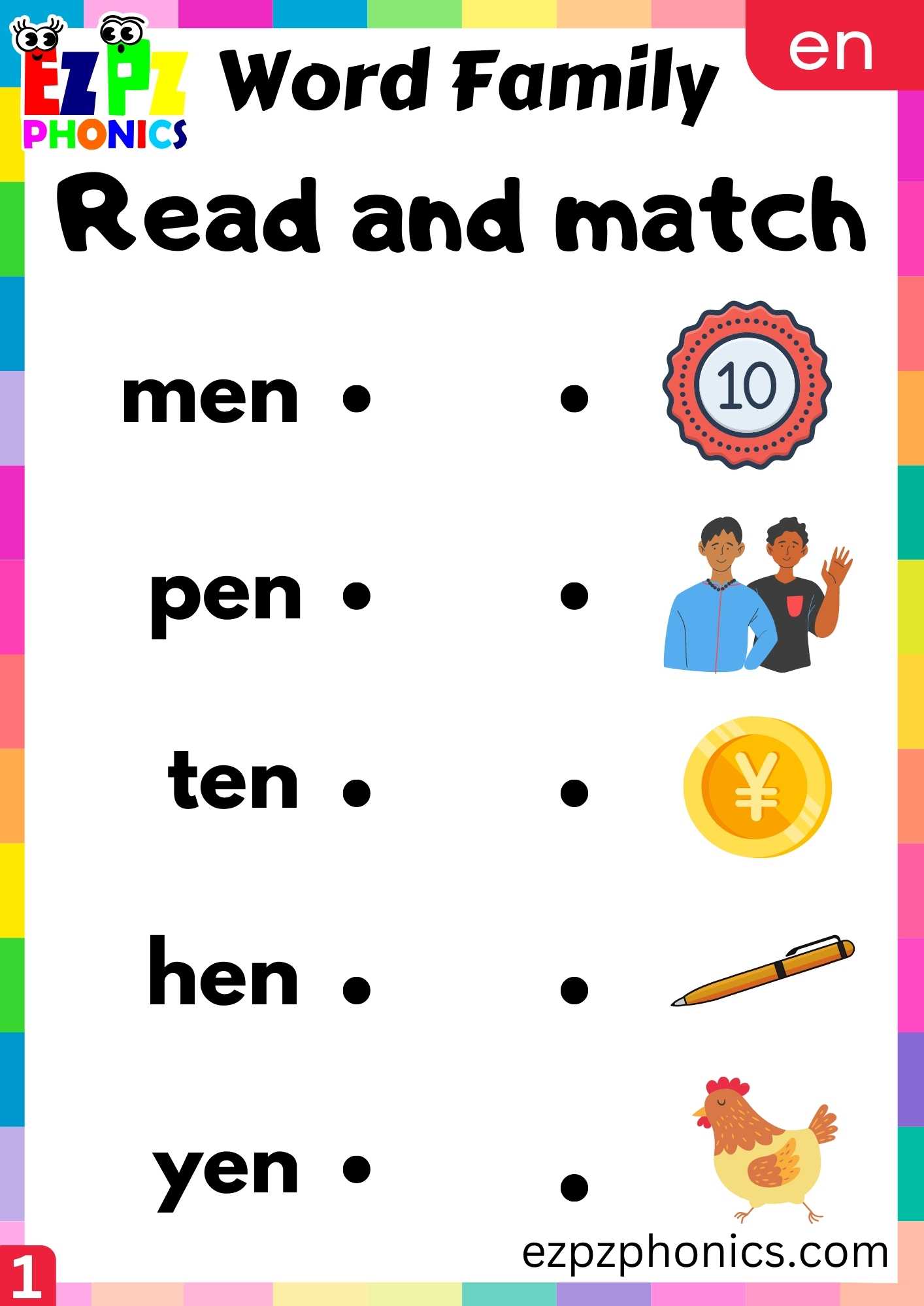 EN Words Read And Match Phonics Word Families Worksheet - ezpzphonics.com