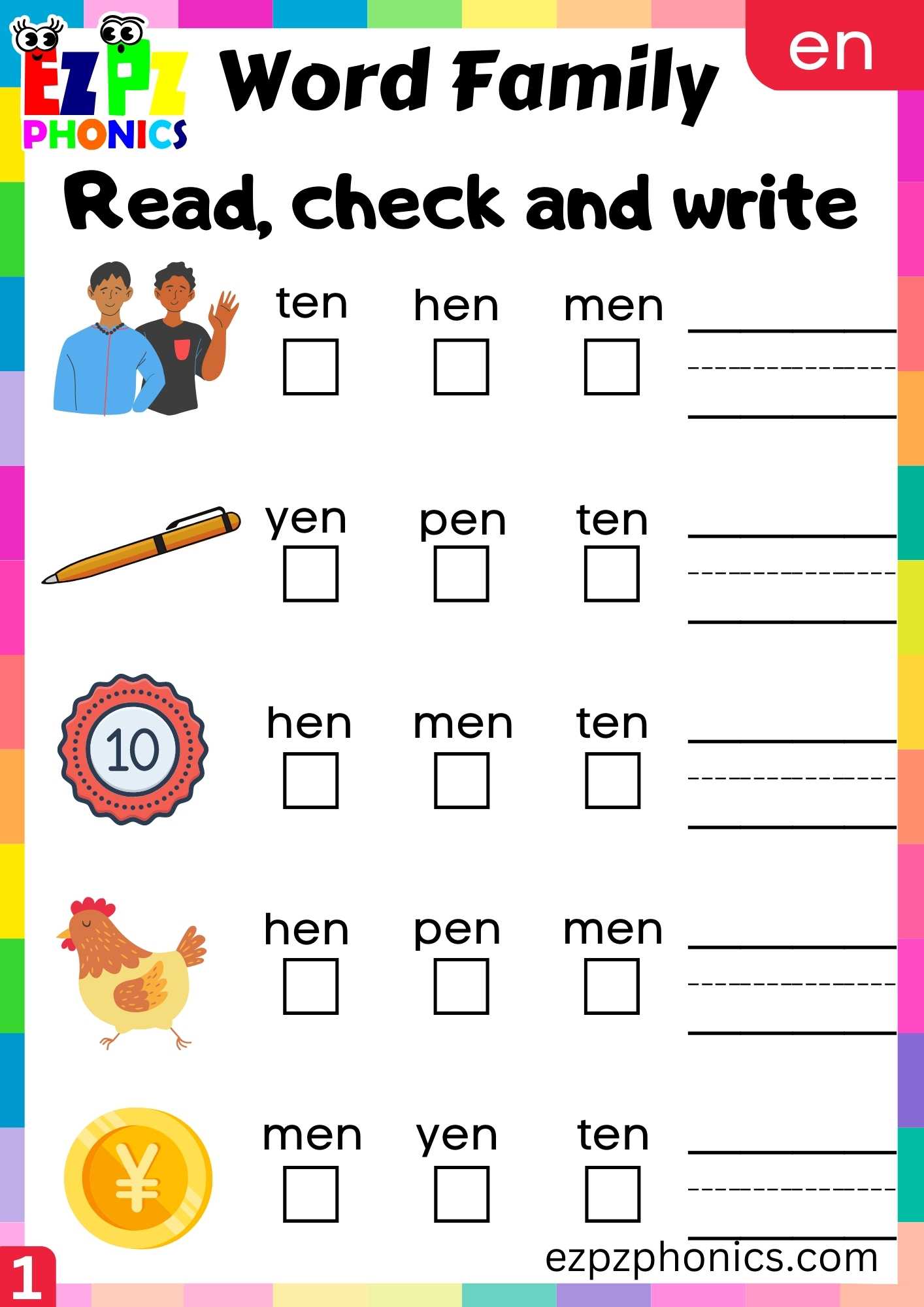 EN Words Read, Check And Write Phonics Word Families Worksheet ...