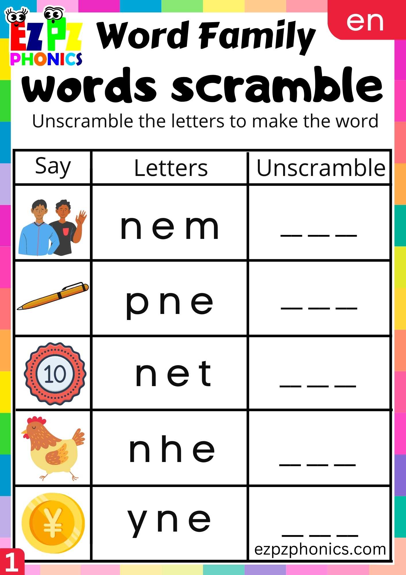 EN Words Words Scramble Phonics Word Families Worksheet - ezpzphonics.com