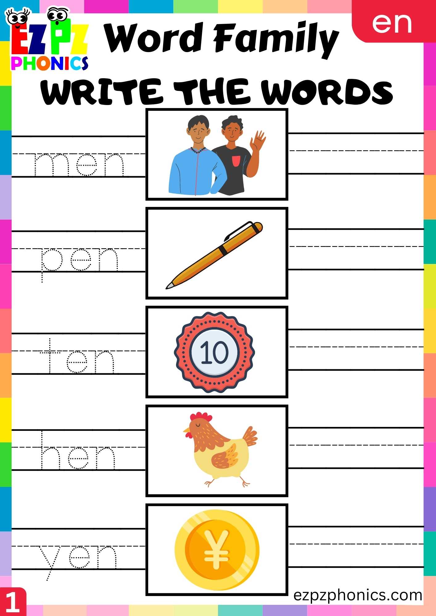 EN Words Write The Words Phonics Word Families Worksheet - ezpzphonics.com