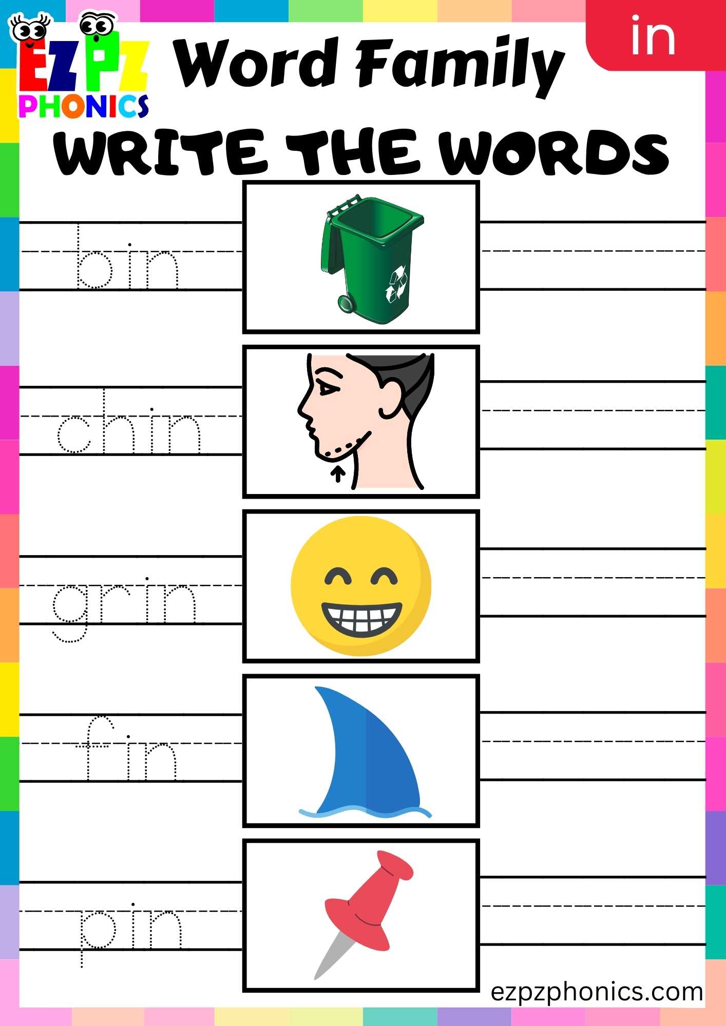 IN Words Write The Words Phonics Word Families Worksheet - ezpzphonics.com