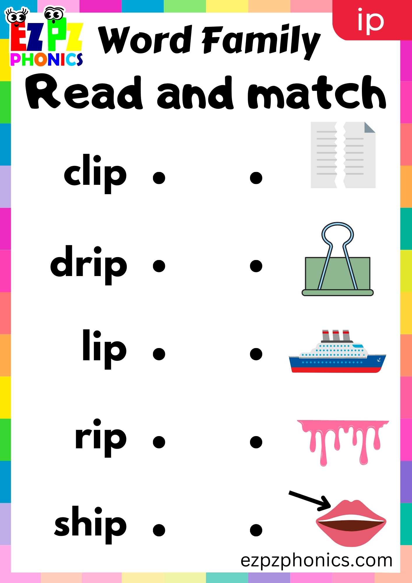 IP Words Read And Match Phonics Word Families Worksheet - ezpzphonics.com