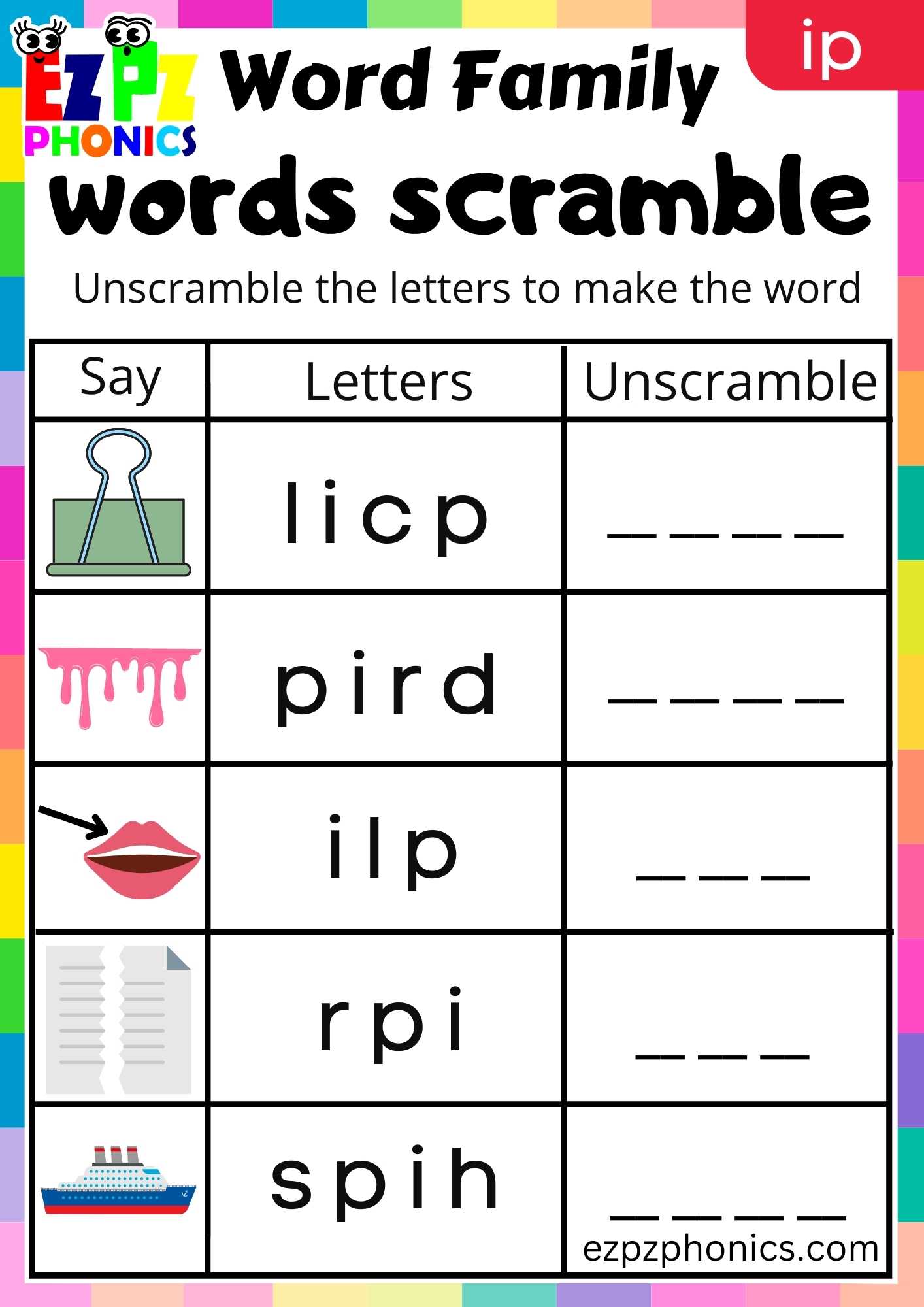 IP Words Words Scramble Phonics Word Families Worksheet - ezpzphonics.com