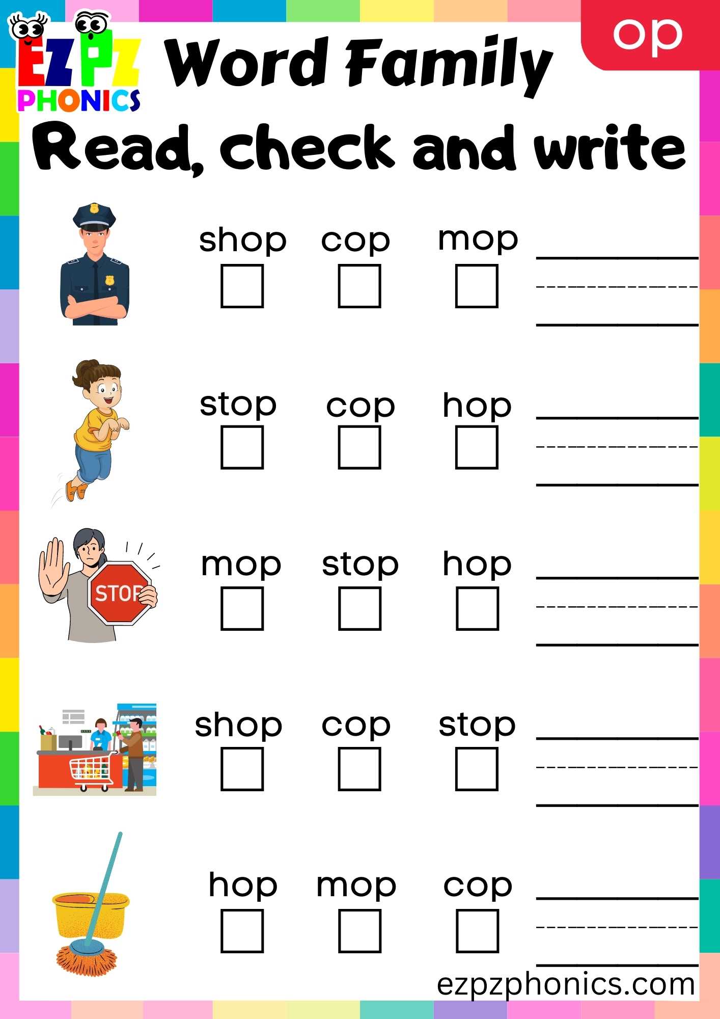 OP Words Read, Check And Write Phonics Word Families Worksheet ...