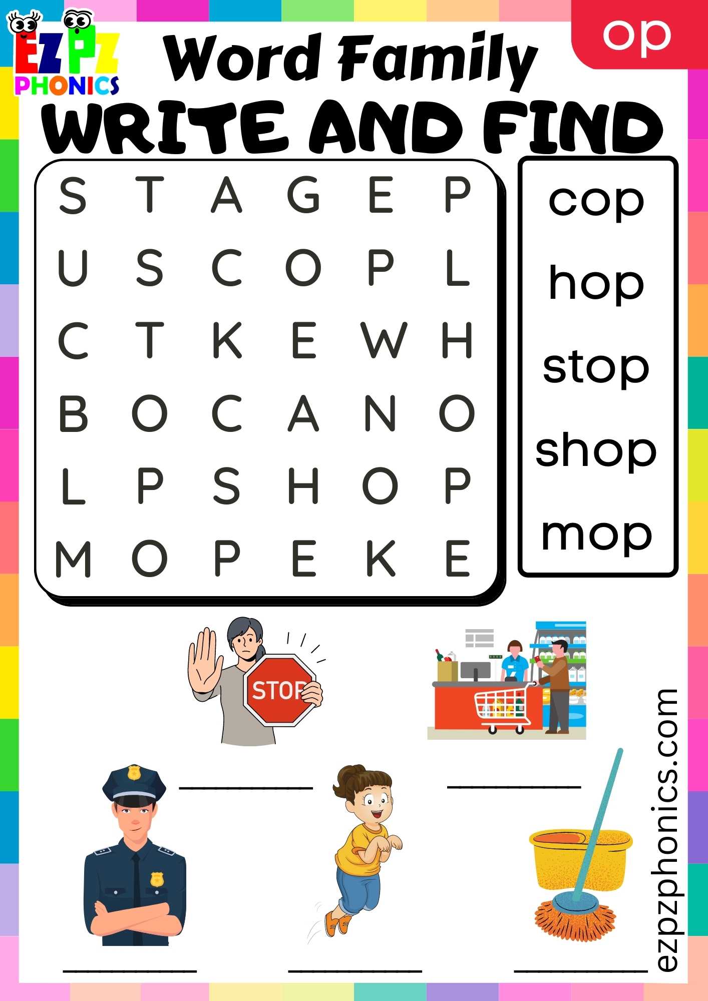 OP Words Write And Find Phonics Word Families Worksheet - ezpzphonics.com