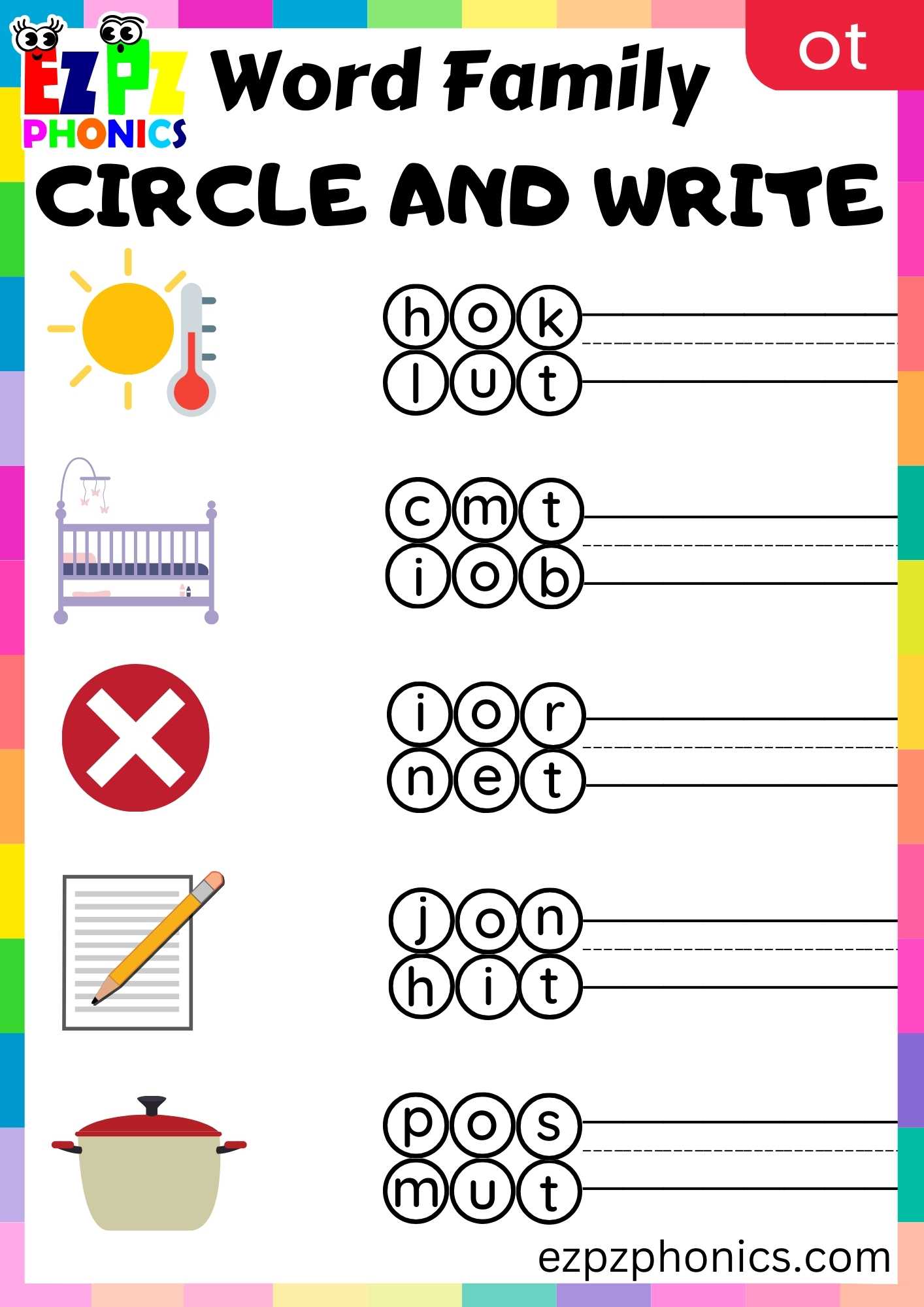 OT Words Circle And Write Phonics Word Families Worksheet - ezpzphonics.com