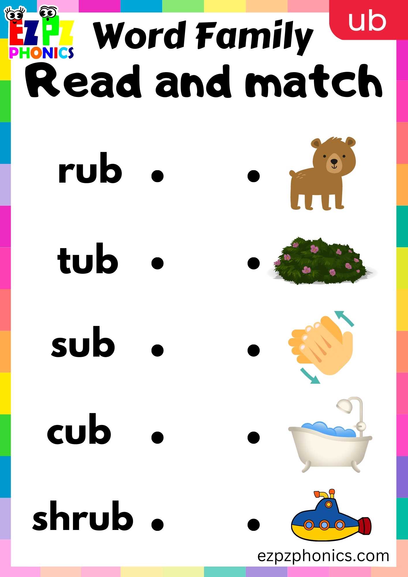 UB Words Read And Match Phonics Word Families Worksheet - ezpzphonics.com