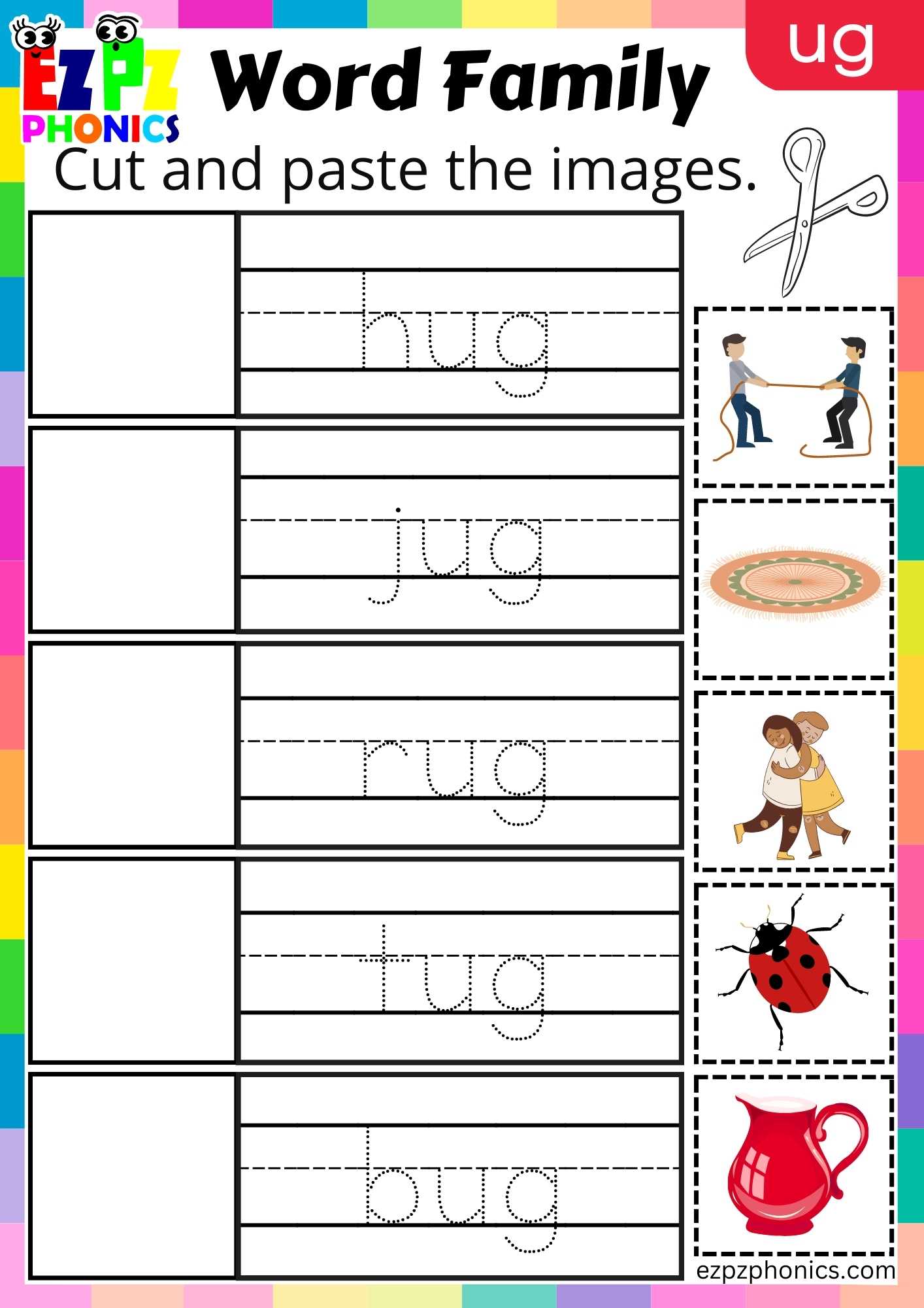 UG Words Cut And Paste The Images Phonics Word Families Worksheet ...