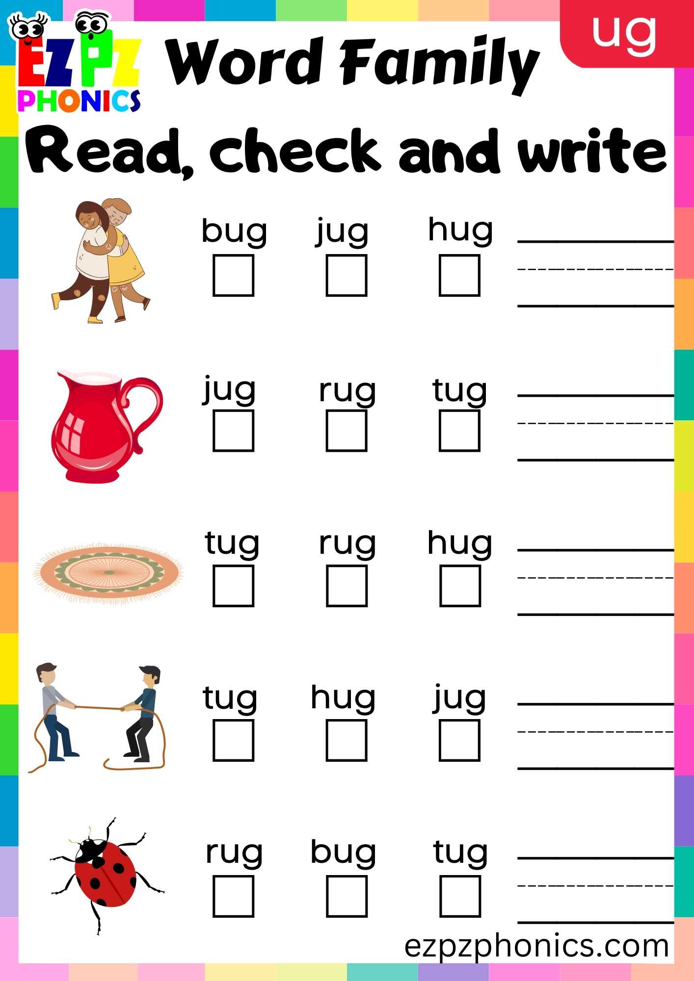 UG Words Read, Check And Write Phonics Word Families Worksheet ...