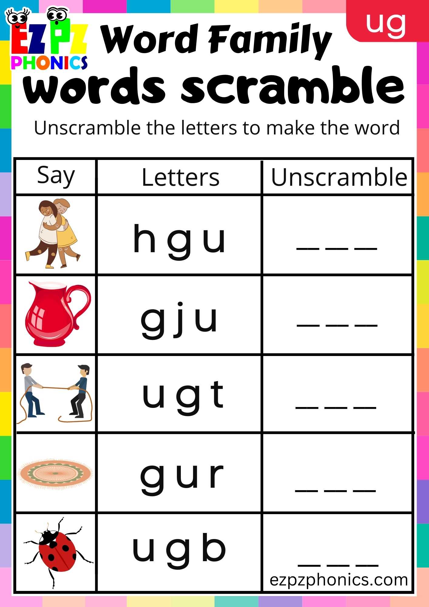 UG Words Words Scramble Phonics Word Families Worksheet - ezpzphonics.com