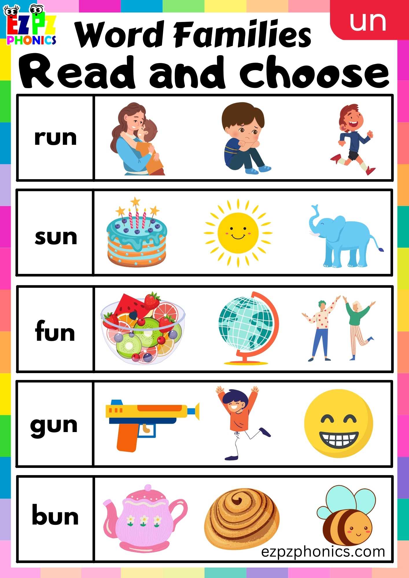 UN Words Read And Choose Phonics Word Families Worksheet - ezpzphonics.com