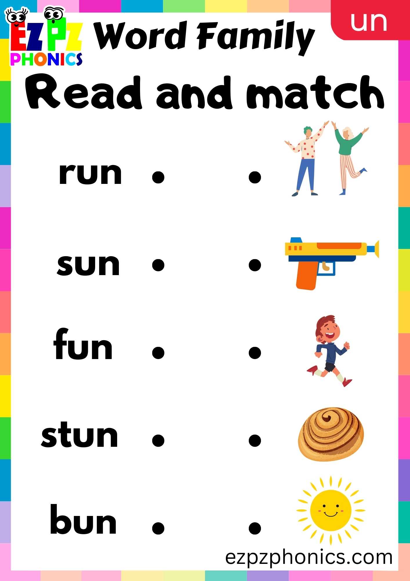 UN Words Read And Match Phonics Word Families Worksheet - ezpzphonics.com