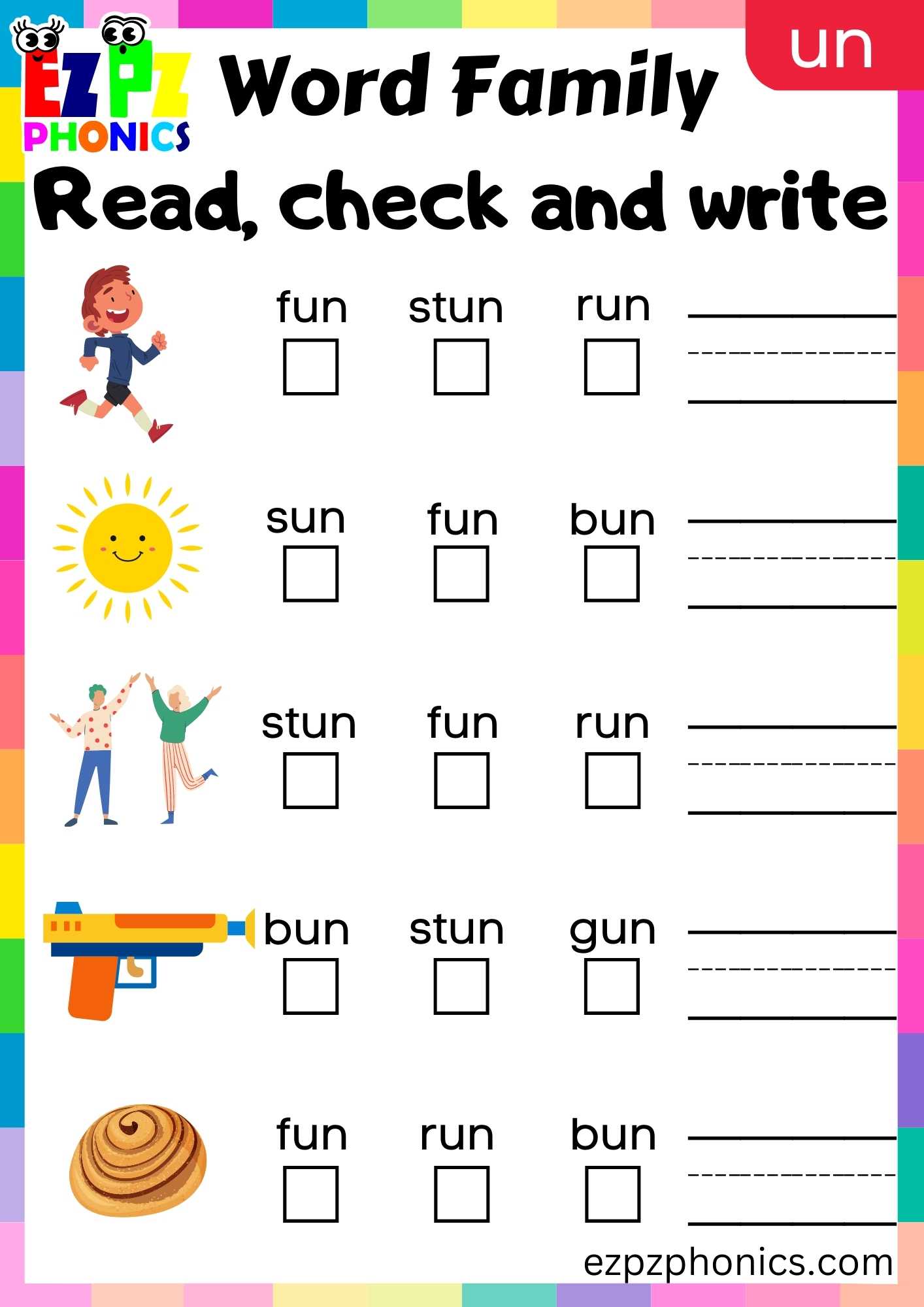 UN Words Read, Check And Write Phonics Word Families Worksheet ...