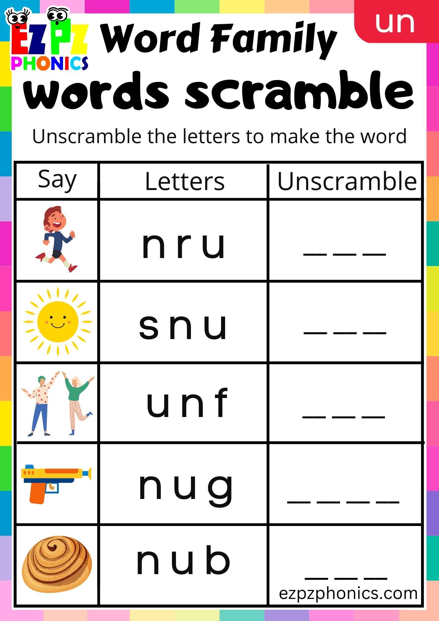 UN Words Words Scramble Phonics Word Families Worksheet - ezpzphonics.com